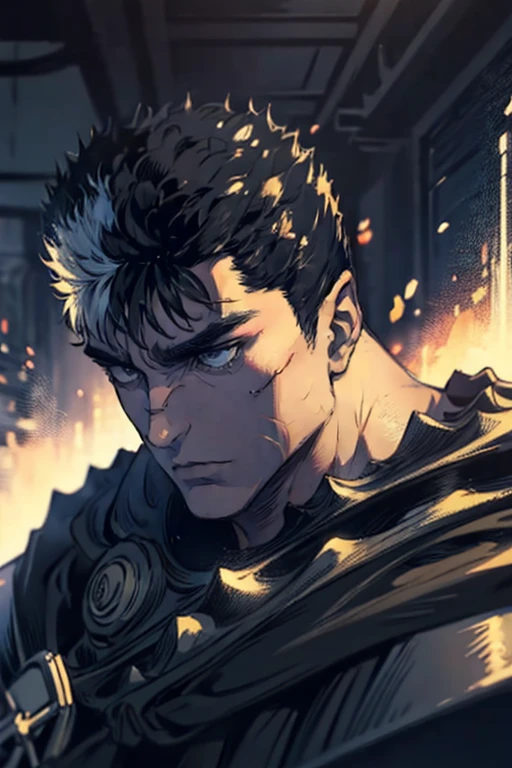  Guts  anime style , completely dark hair ,  first photo of him looking at the serious side ,  second photo of him looking forward surprised