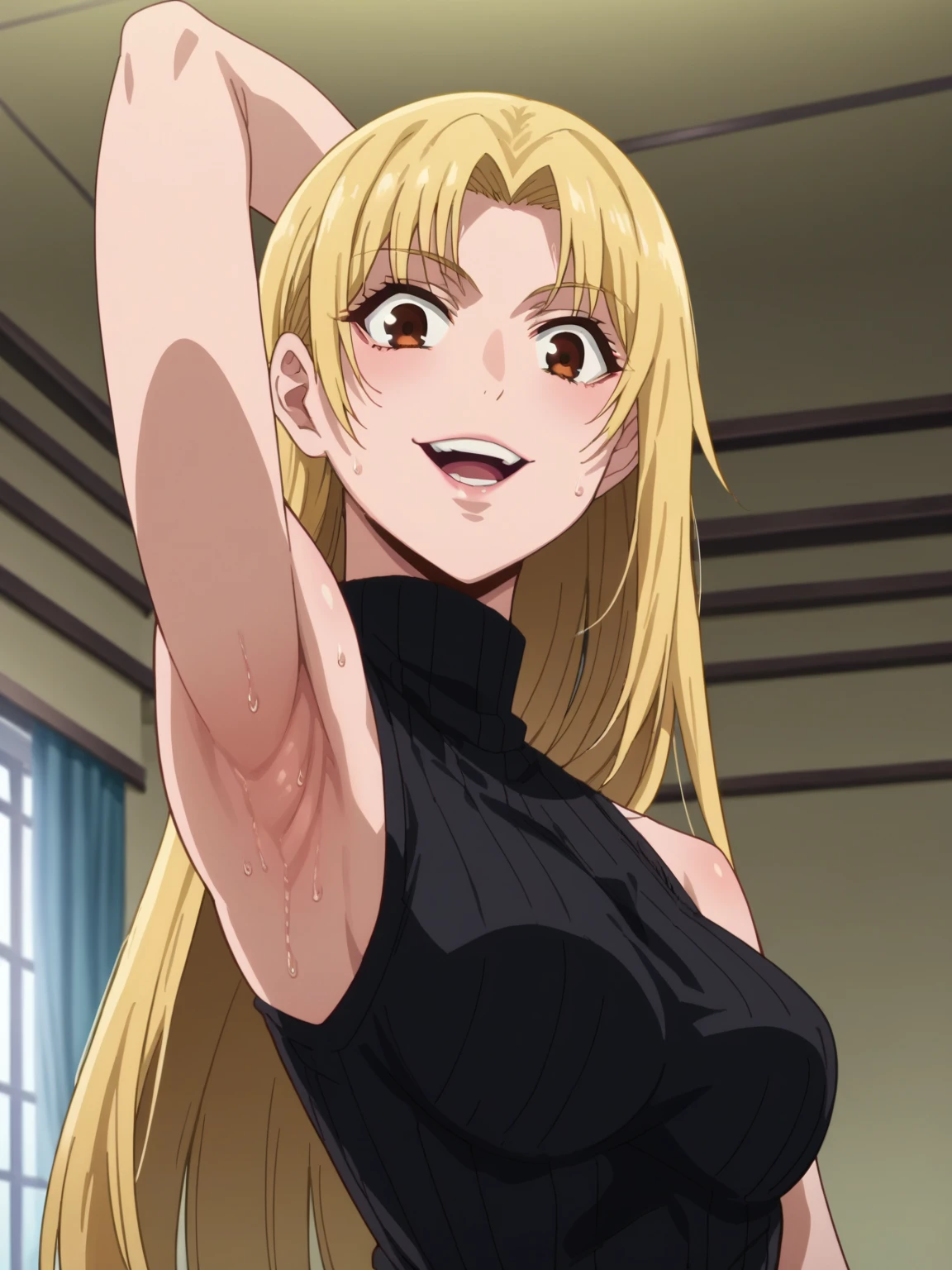 score_9, score_8_up, score_7_up, source_anime, anime screencap, 1girl, solo, yuki tsukumo, long hair, brown eyes, blonde hair, parted bangs, bare shoulders, bare arms, arm behind head, armpit, looking at viewer, head towards viewer, smile, badhandv4, indoors, opened mouth, teeth, black sweater, sleeveless sweater, ribbed sweater, turtleneck, from side, from below, sweaty armpits