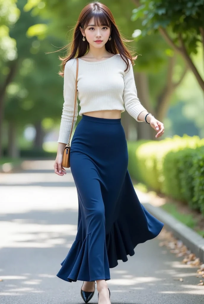  1 beautiful woman,  semi-long light brown hair 、26 years old、White knit、 dark blue long skirt、Height: 155cm、Bust 83cm、Waist 58cm、Hips 85cm 、 walking in the park、 can you see your whole body 、Shiny whitening 、 Hairstyle with bangs、 announcer、 is wearing high heels、round face、Mermaid Silhouette、Long sleeve clothes、