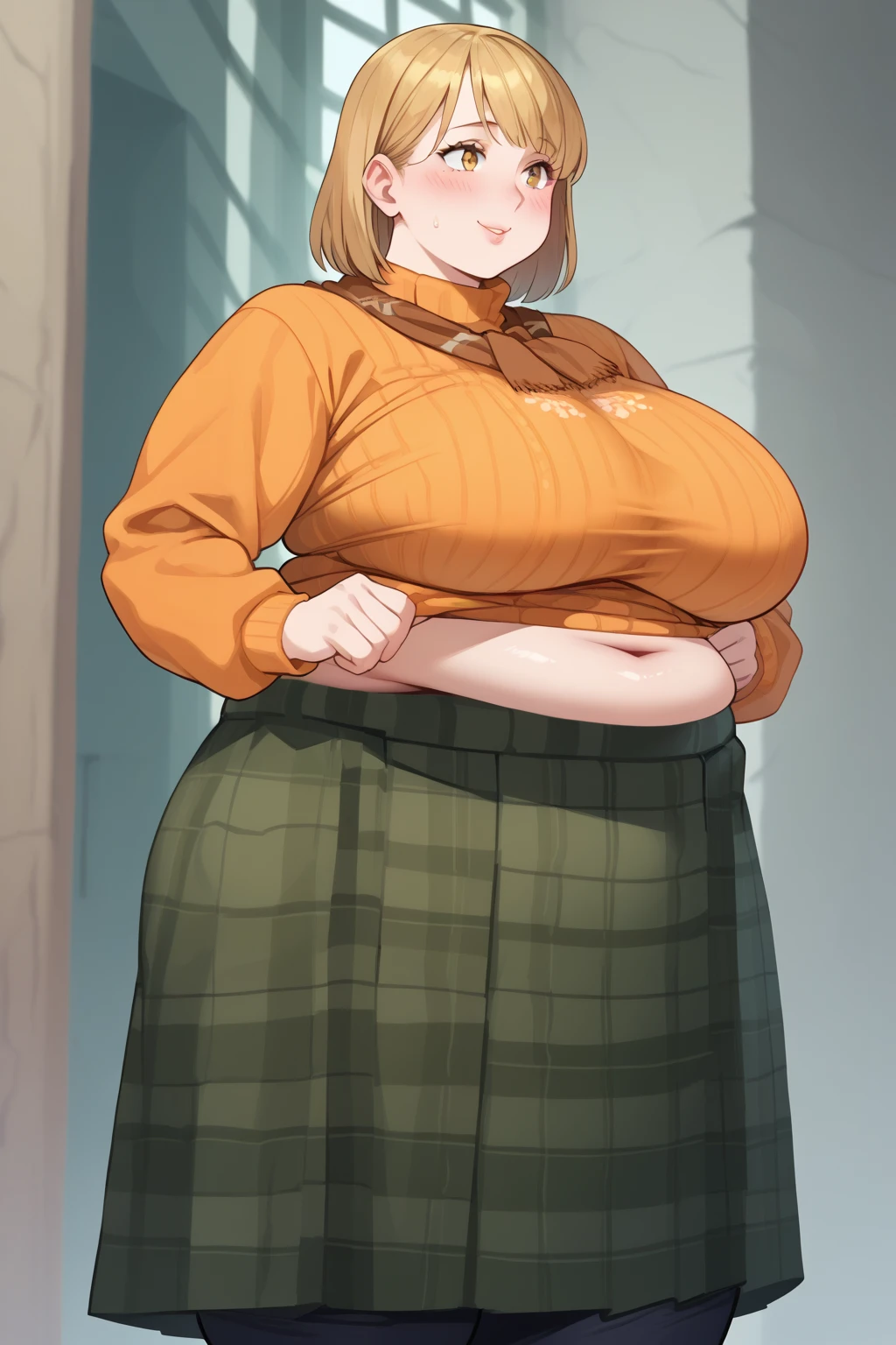 Ashley Graham , ashley graham,　 shortcuts,　 orange sweater ,  miniskirt,  green plaid skirt,  Long Sleeve ,  yellow eyes, Thighs,  Golden Hair ,  score_9,   score_8_up,   score_7_up,   score_6_up,   score_5_up,   score_4_up,     Masterpiece  ,   top quality,   Very Aesthetic,   absurd,   source_Anime, Anime screencap,   one woman , Alone,  personal  ,  Super huge breasts, ((( super huge clevis, Super huge , Super huge boob))), Curvy,  chubby, Mature Woman,  obese body type, blush,  troubled expression,  belly fat sticking out of clothes,　 sloppy stomach , A woman wearing a skirt , puzzled expressions,fall on one's backside