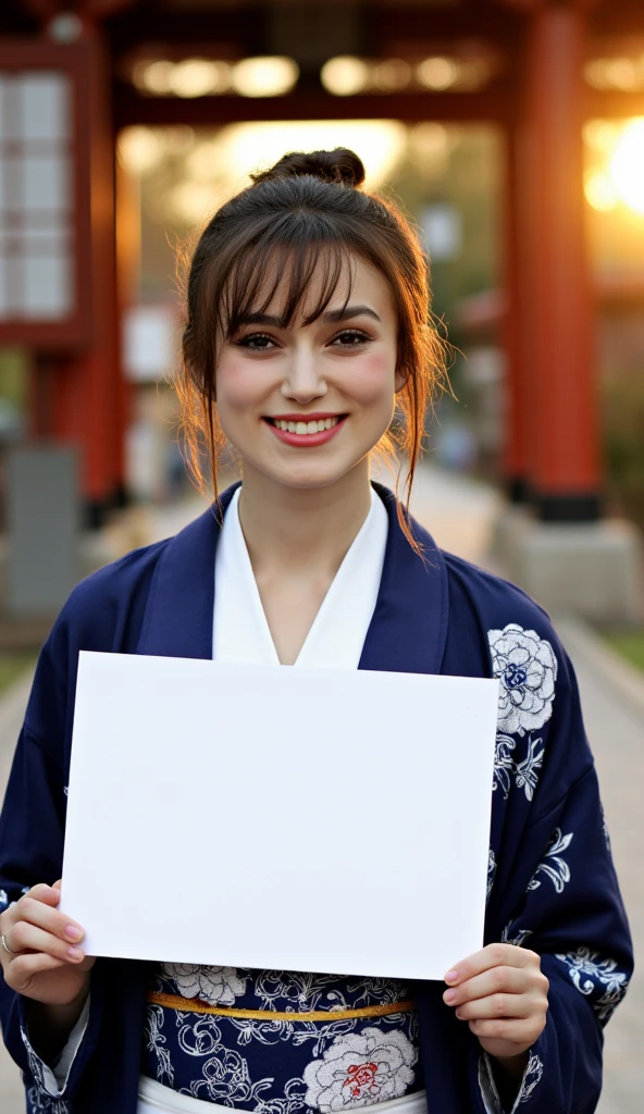 cowboy shot,   front view, Name is Keira Knightly ,  1 woman, beautiful young England woman,  30-age, (dark brown  hair, chignon , fringe, beautiful dark blue eye, smile), (C cup breasts, wide hip), ( Japanese traditional Dark blue Kimono, kimono's below  flower pattern , White obi with flower pattern ) , White board hold both hands, writing word "Welcome Fukutsu City" front Shinto shrine, The Road of Light , sunset,  , ((super detail, high details, high quality, accurate, anatomically correct, textured skin, beautiful fingers super detail, high details, high quality, best quality))