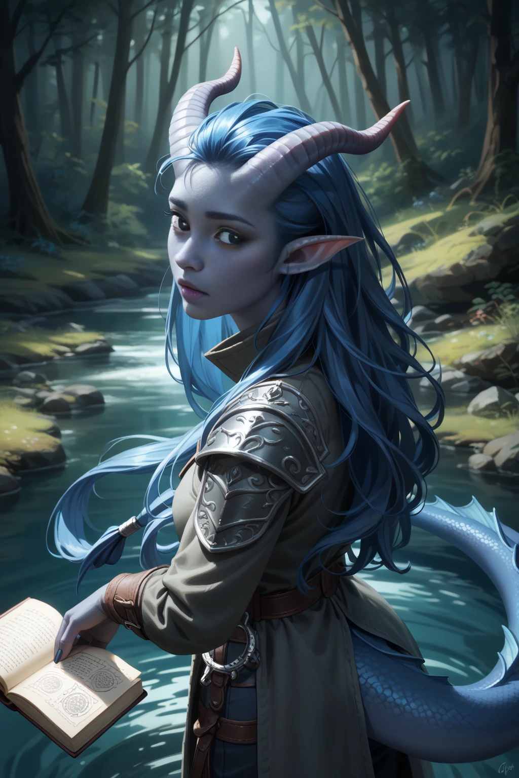 ( A sprawling cedar is growing ), ((forest in the background)), dynamics, (1Тiefling ,  dark blue-gray skin :1.4), (very thick long tiefling dragon tail:1.5), (((long dark blue flowing hair))) ,  ((( bright pigmentation on the face))), (((blue-black freckles ))) , ((2 fins on the head)), ((bright blue-grey pupils, very black eyes)), ((skin pigmentation,)),  girl  , (kind face), (face visible), (curiosity ), ( openness in view ), (small lips), ( curious eyes ), ((30 years old)), (chainmail), (gray-black armor ),  (( Protection on a thick long dragon blue tail)), [medieval pants], (mantle), (short trench coat), (1 magic book in hand) (( dynamic posture looks back from behind, in half a turn, face visible)) , ( dark grey straight short horns),  (book in hand), ( top quality ,  masterpiece fails,   in the highest detail) ,  fantasy background. blue tones, Dark tones.  Clear water, stream , scale,  Dark colors , dark shades,  muted colors. (( view from above )).