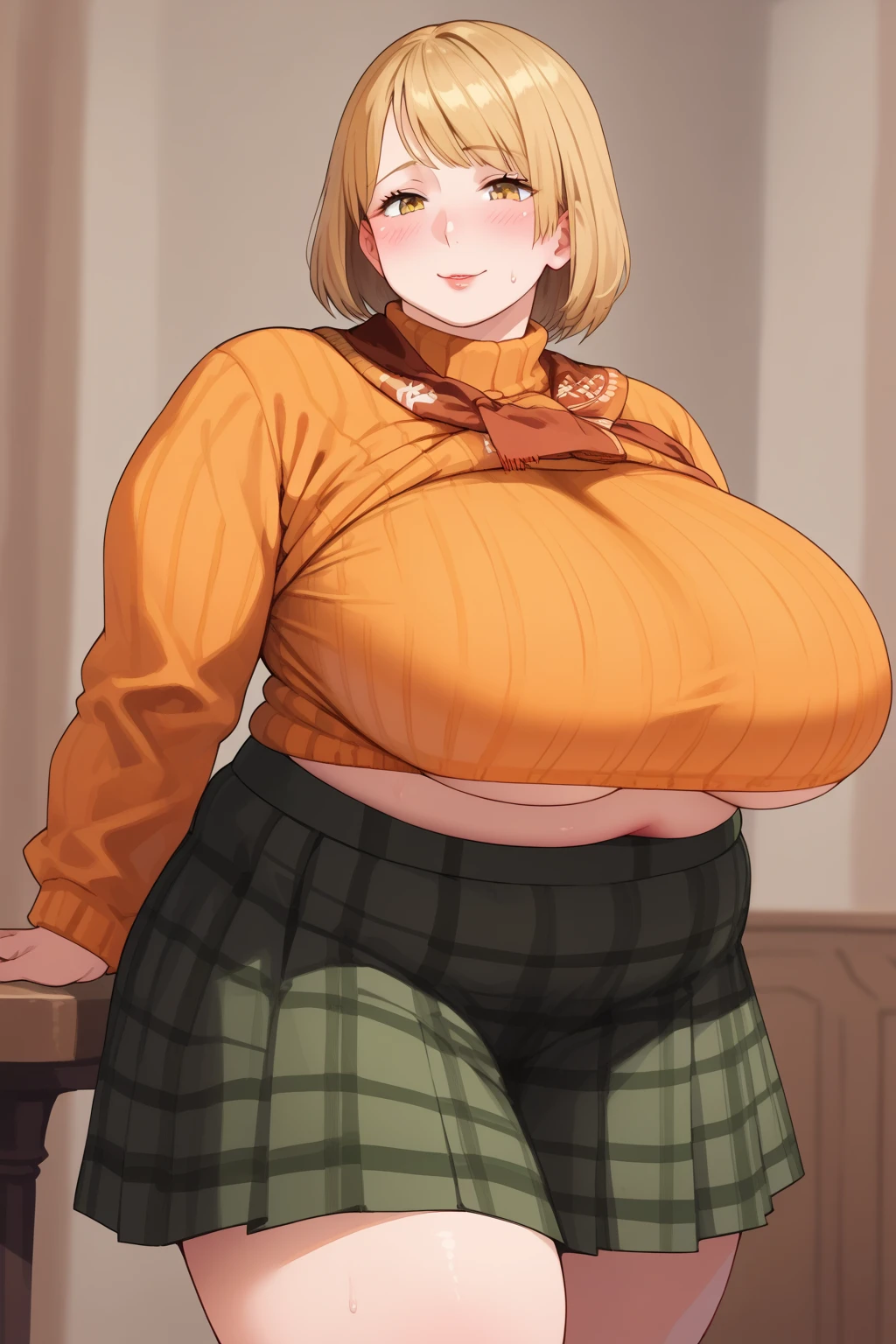 Ashley Graham , ashley graham,　 shortcuts,　 orange sweater ,  miniskirt,  green plaid skirt,  Long Sleeve ,  yellow eyes, Thighs,  Golden Hair ,  score_9,   score_8_up,   score_7_up,   score_6_up,   score_5_up,   score_4_up,     Masterpiece  ,   top quality,   Very Aesthetic,   absurd,   source_Anime, Anime screencap,   one woman , Alone,  personal  ,  Super huge breasts, ((( super huge clevis, Super huge , Super huge boob))), Curvy,  chubby, Mature Woman,  obese body type, blush,  troubled expression,  belly fat sticking out of clothes,　 sloppy stomach , A woman wearing a skirt ,  black bras for weight loss,  giant areolas, puzzled expressions, Turn clothes upwards 