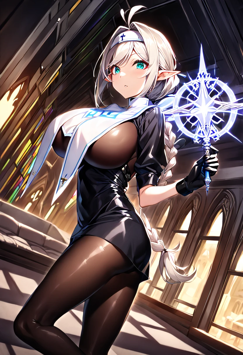 (high-elf:1.4), (droopy eyes, emerald eye:1.2), (pointy ears:1.4), (silver blonde hair, braid ponytail, hair intakes, antenna hair:1.4), (large breast:1.4), (gleaming skin, shiny skin:1.4), (nun uniform, breast curtains:1.4), (black gloves, black stocking:1.4), (fighting pose, arched back:1.0), (holding magic wand:1.4), (lightning sparking, energy_beam:1.0), (large veiny tentacles:1.4), (dutch angle, from side:1.4), (luxurious penthouse, indoor rooftop cathedral, stained glass:1.4), (midnight:1.4), 