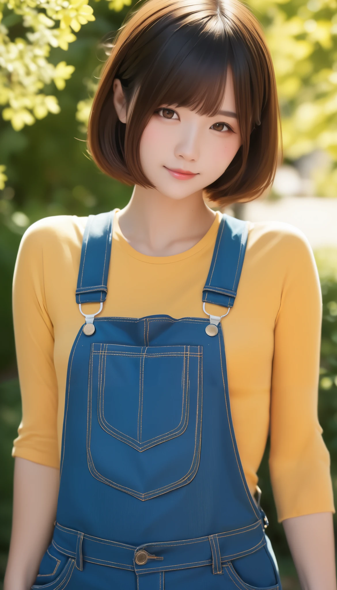 (​masterpiece), ( best quality), 8k resolution,  Perfect Anatomy、 Japanese Girl, solo、 One Girl 、 breathtaking beauty,  perfect face, the perfect body, s,  sexy,  Cinematic Light ,  with short brown hair ,  small boobs、I'm wearing super small size  、 overalls、 short straight hair with bangs 、(( climbs above those watching ))