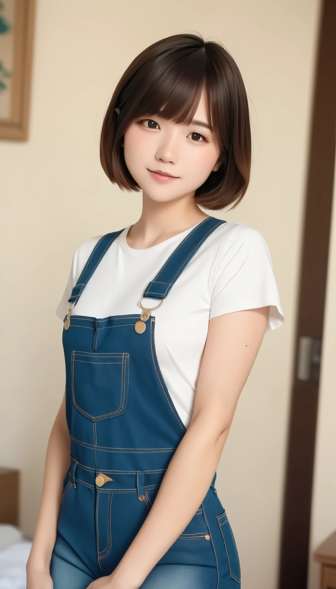 (​masterpiece), ( best quality), 8k resolution,  Perfect Anatomy、 Japanese Girl, solo、 One Girl 、 breathtaking beauty,  perfect face, the perfect body, s,  sexy,  Cinematic Light ,  with short brown hair ,  small boobs、I'm wearing super small size  、 overalls、 short straight hair with bangs 、(( climbs above those watching ))