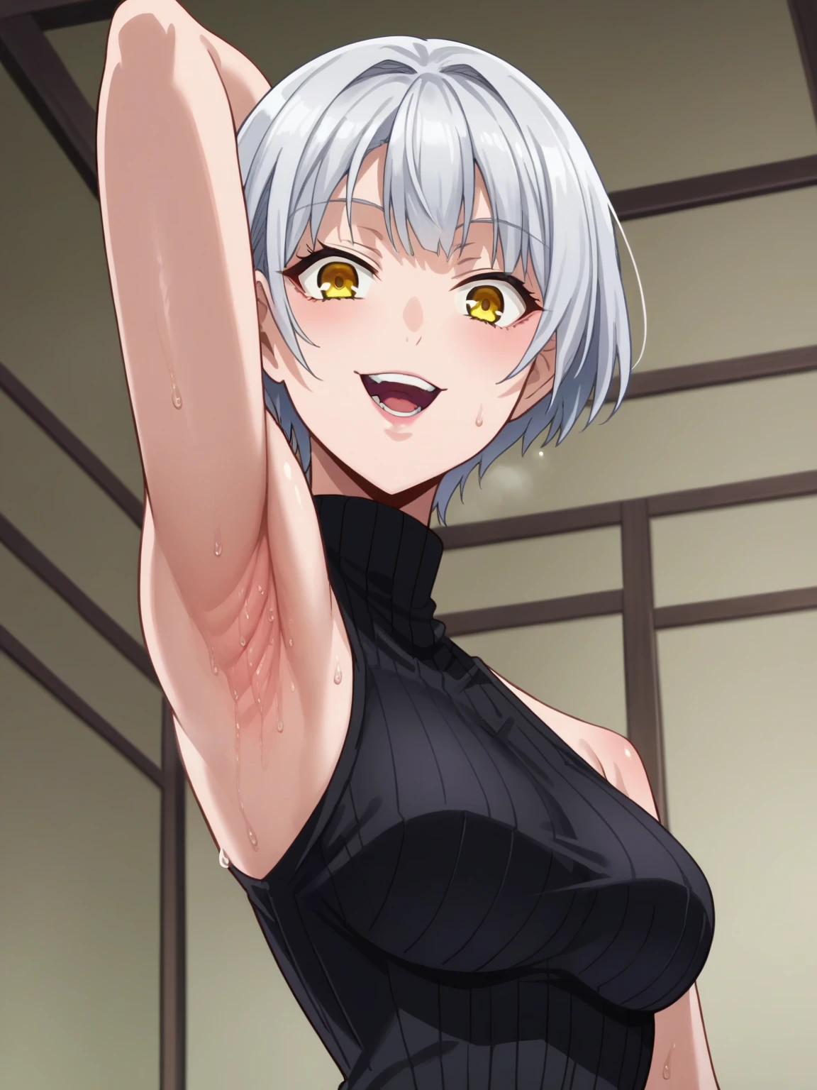 score_9, score_8_up, score_7_up, source_anime, anime screencap, 1girl, solo, lu lingqi, short hair, yellow eyes, silver hair, bangs, bare shoulders, bare arms, arm behind head, armpit, looking at viewer, head towards viewer, smile, badhandv4, indoors, opened mouth, teeth, black sweater, sleeveless sweater, ribbed sweater, turtleneck, from side, from below, sweaty armpits