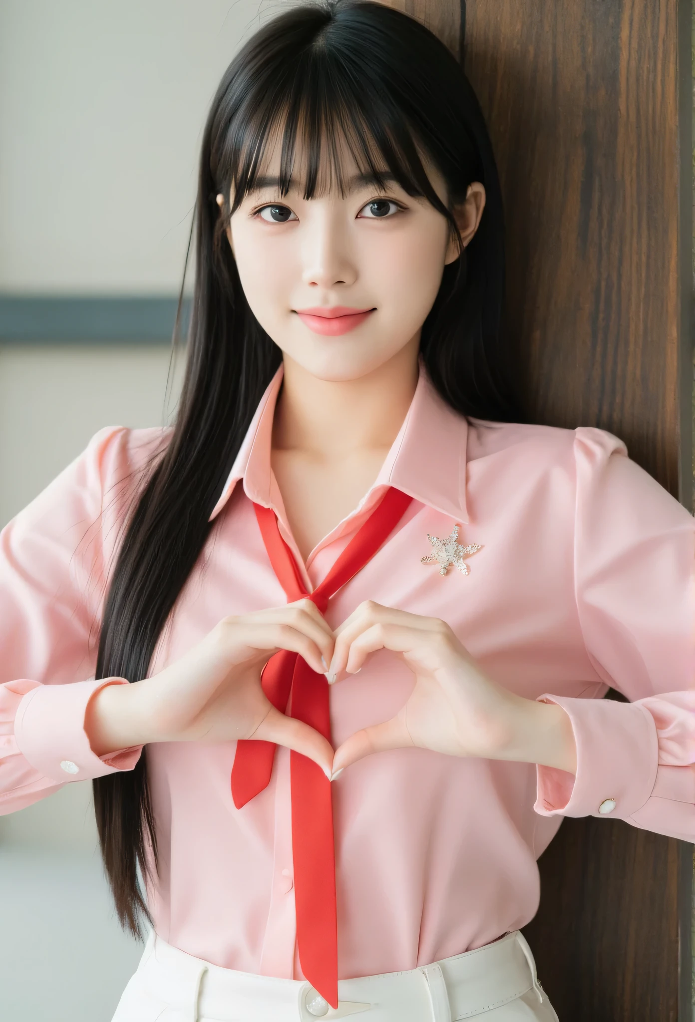 masterpiece, best quality, A young Korean woman with long, vey thin body, straight black hair and blunt bangs smiles at the camera. She wears a pink blouse adorned with a diamond star brooch and a red ribbon tied around her neck. Her hands form a heart shape in front of her chest, showcasing long, expertly manicured nails. A high-waisted white pants. The background is softly blurred, focusing attention on her pose and expression.