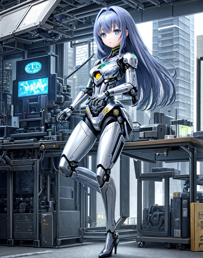 (( table top in front of you)), ((最 High Quality ),  High Quality 、 Ultra High Definition, ( realistic 、 photorealistic),  (( well-balanced face ))、 full color 、( sci-fi )、(duo)、hot android women、 combat robot 、( perfect robot joints :1.3)、( detailed broken computer :1.3)、(Machine frame:1.3)、 golden and silver mechanical armor 、( oval curvy face )、(Machinery Parts:1.3)、( emotionless almond-shaped eyes)、Small mouth、 No Emotion、(perfect mechanical hands :1.3)、(( cyber city road during the day))、 perfect robot legs 、 high heels,  full body shot ,  Masterpiece.,