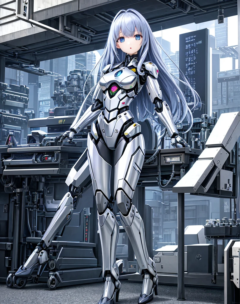 (( table top in front of you)), ((最 High Quality ),  High Quality 、 Ultra High Definition, ( realistic 、 photorealistic),  (( well-balanced face ))、 full color 、( sci-fi )、(duo)、hot android women、 combat robot 、( perfect robot joints :1.3)、( detailed broken computer :1.3)、(Machine frame:1.3)、 golden and silver mechanical armor 、( oval curvy face )、(Machinery Parts:1.3)、( emotionless almond-shaped eyes)、Small mouth、 No Emotion、(perfect mechanical hands :1.3)、(( cyber city road during the day))、 perfect robot legs 、 high heels,  full body shot ,  Masterpiece.,