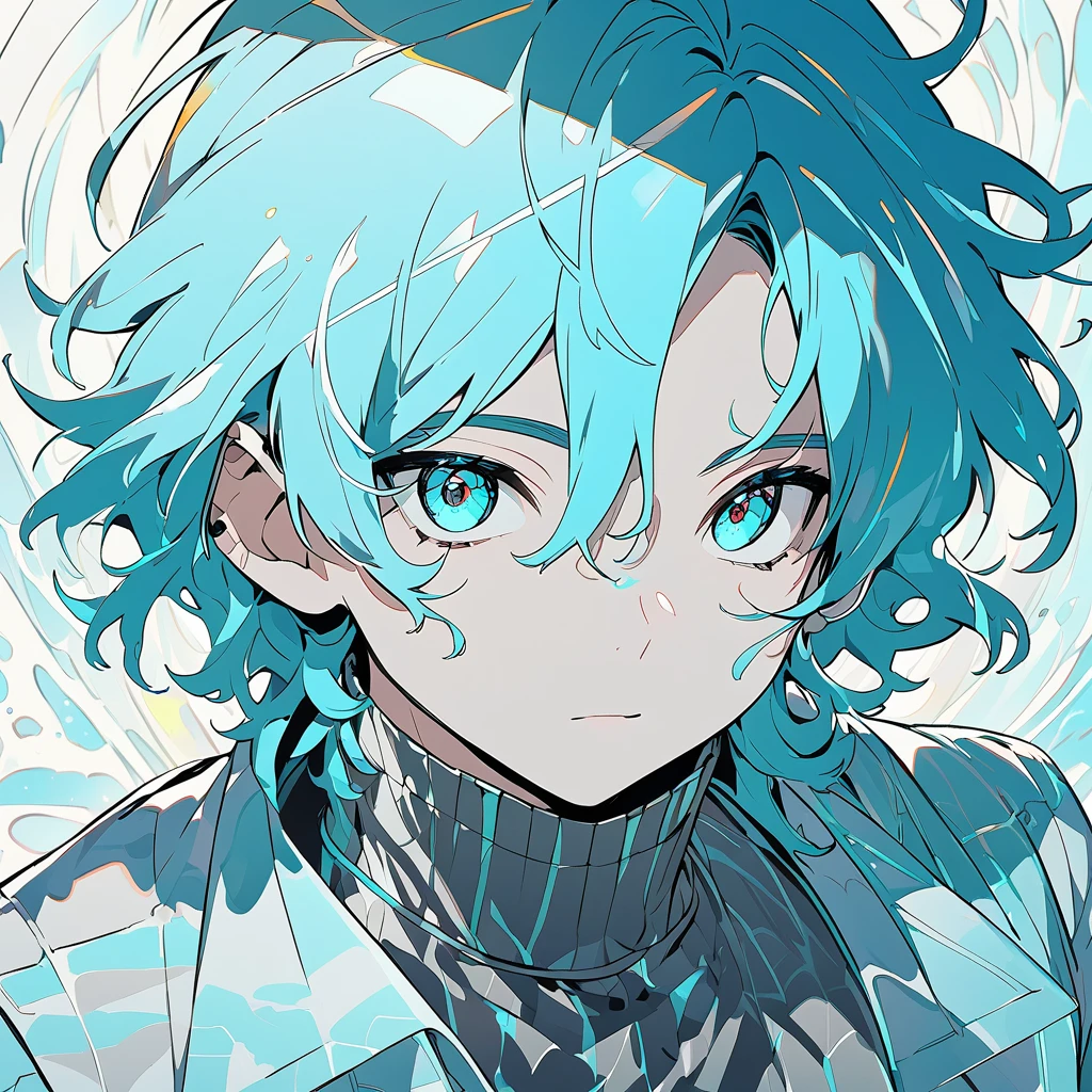  A male character with medium hair of a vibrant shade of cyan , slightly messy, but with a natural style .  Your eyes have the same cyan shade ,  shining brightly ,  as if reflecting an internal light .  Your skin is clear and slightly illuminated ,  highlighting the striking and youthful facial features . He wears futuristic or contemporary outfits with subtle details with the gray and cyan palette.  Art Style :  smooth and detailed lines .