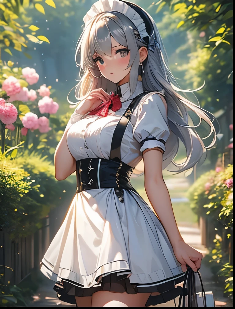masterpiece、Highest quality, One Girl, alone, Silver Hair, Purple eyes,Odd Eye、Long Hair, big, bunny, Bunny ears, corset, uniform, apron, choker, Red Skirt, Blue corsage, Short sleeve, Wrist cuff, White thighs、garden、Put your hands behind your back、Turning around、I can see your back、Bite blush、Sticking out tongue、Put your butt on your hands、Five fingers、One-eyed wink、