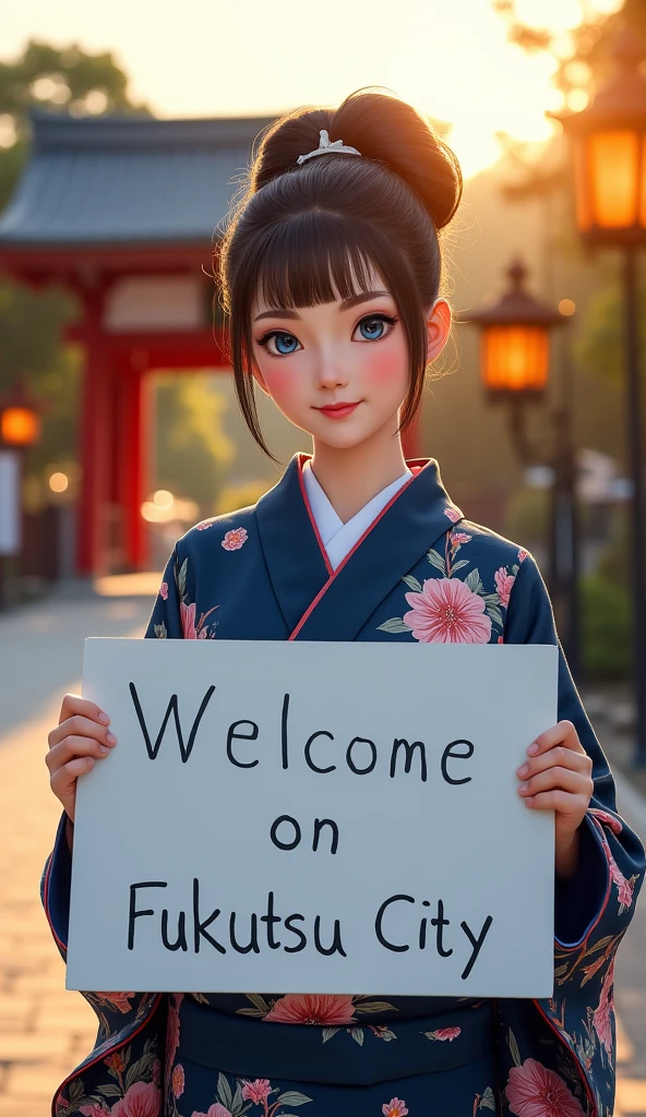 cowboy shot,   front view, Name  ,  1 woman, beautiful young England woman,  30-age, (dark brown  hair, chignon , fringe, beautiful dark blue eye, smile), (C cup breasts, wide hip), ( Japanese traditional Dark blue Kimono, kimono's below  flower pattern , White obi with flower pattern ) , White board hold both hands, writing word "Welcome Fukutsu City" front Shinto shrine, The Road of Light , sunset,  , ((super detail, high details, high quality, accurate, anatomically correct, textured skin, beautiful fingers super detail, high details, high quality, best quality))