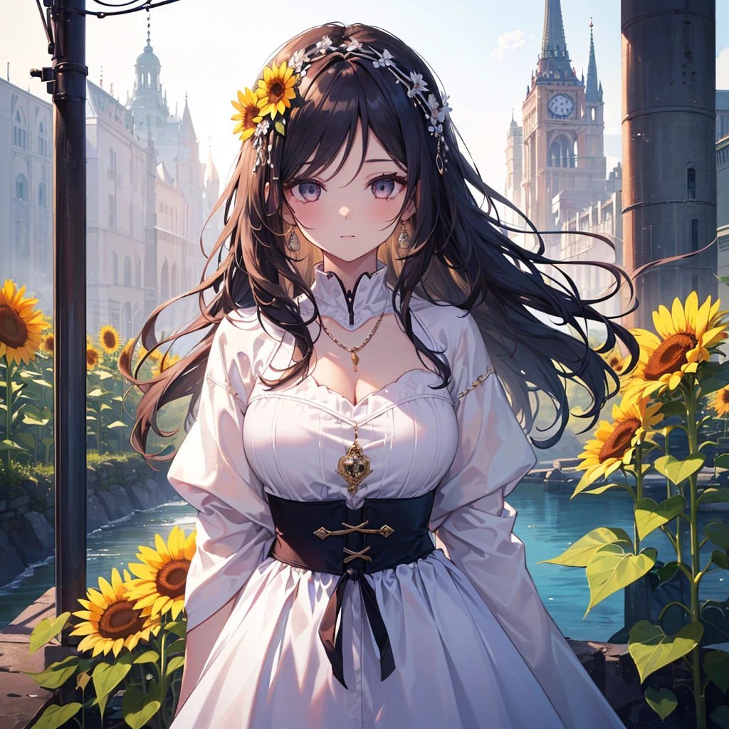 Woman, straight black hair, light brown eyes, fair skin,  Golden roses in the hair