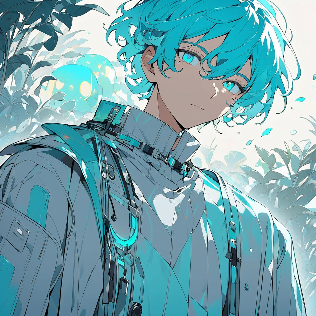  A male character with medium hair of a vibrant shade of cyan , slightly messy, but with a natural style .  Your eyes have the same cyan shade ,  shining brightly ,  as if reflecting an internal light .  Your skin is clear and slightly illuminated ,  highlighting the striking and youthful facial features . He wears futuristic or contemporary outfits with subtle details with the gray and cyan palette.  Art Style :  smooth and detailed lines .