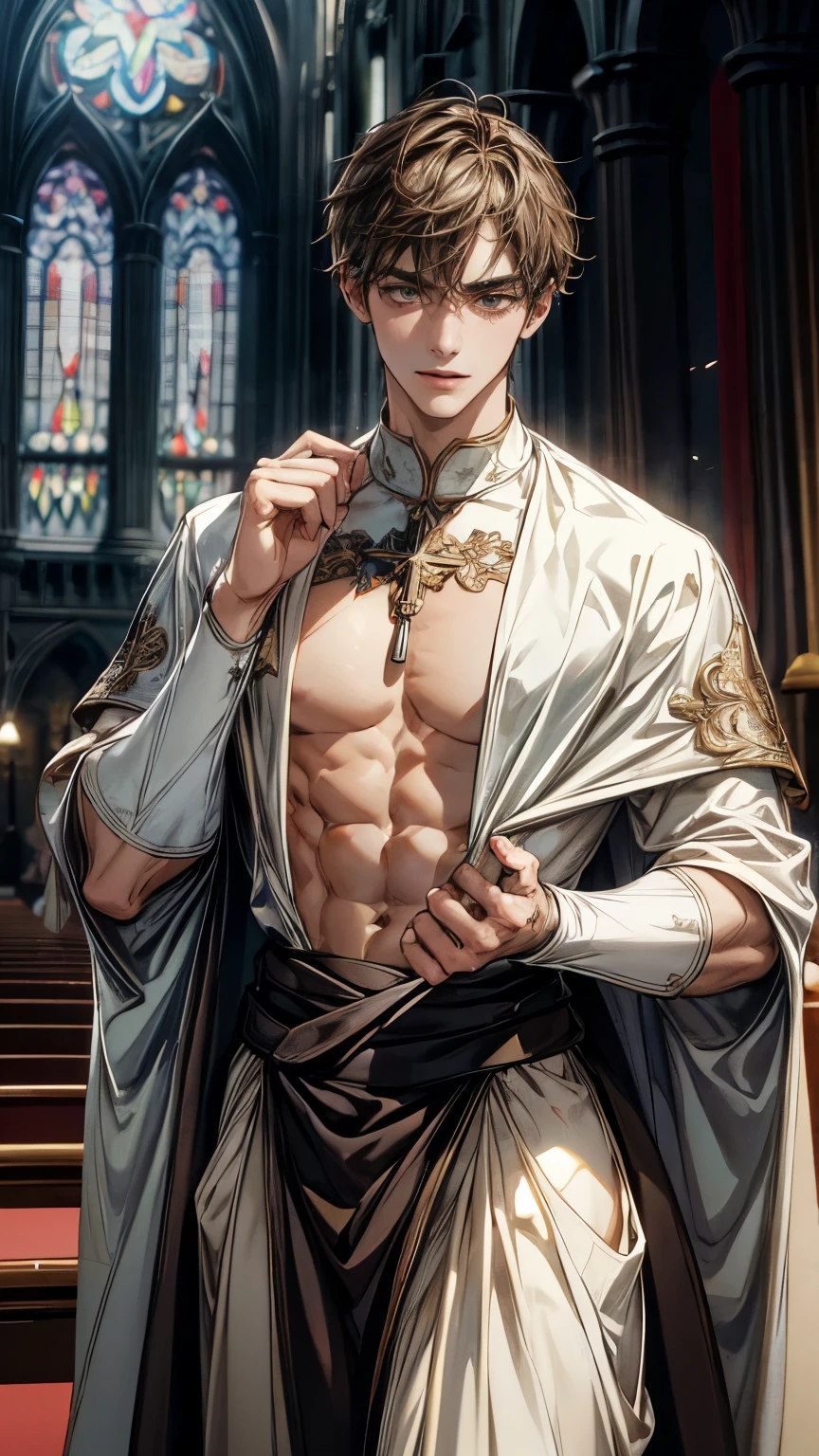 absurdres, highres, ultra detailed, HDR, master piece, best quality, Alhaitham, gray hair, expressive blue eyes, Genshin Impact, solo, sexy man, handsome, horny, lewd, black priest robes, accessories, showing the chest, cross necklace, priest, white gloves, fantasy, magical, white roses, white petals, blue sky, church, Nu Carnival