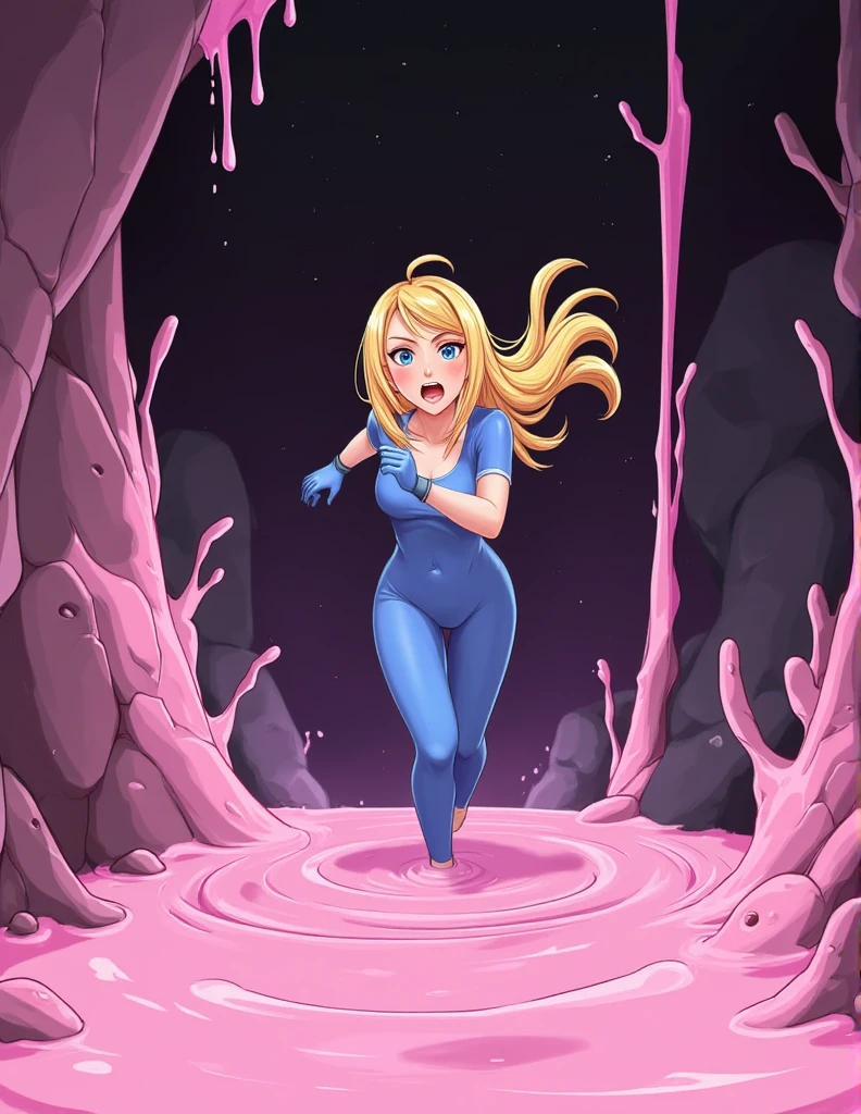 The image is a high-resolution photograph featuring QTCinderella. score_9, score_8_up, score_7_up, 1girl, solo,defSamus, blonde hair, long hair, bodysuit, blue clothes, blue pants, blue gloves, shocked face, running, screaming, scared face, pink liquid come out the wall, spliting, slime, liquid on all body, dark cave, pink goo, covered in liquid