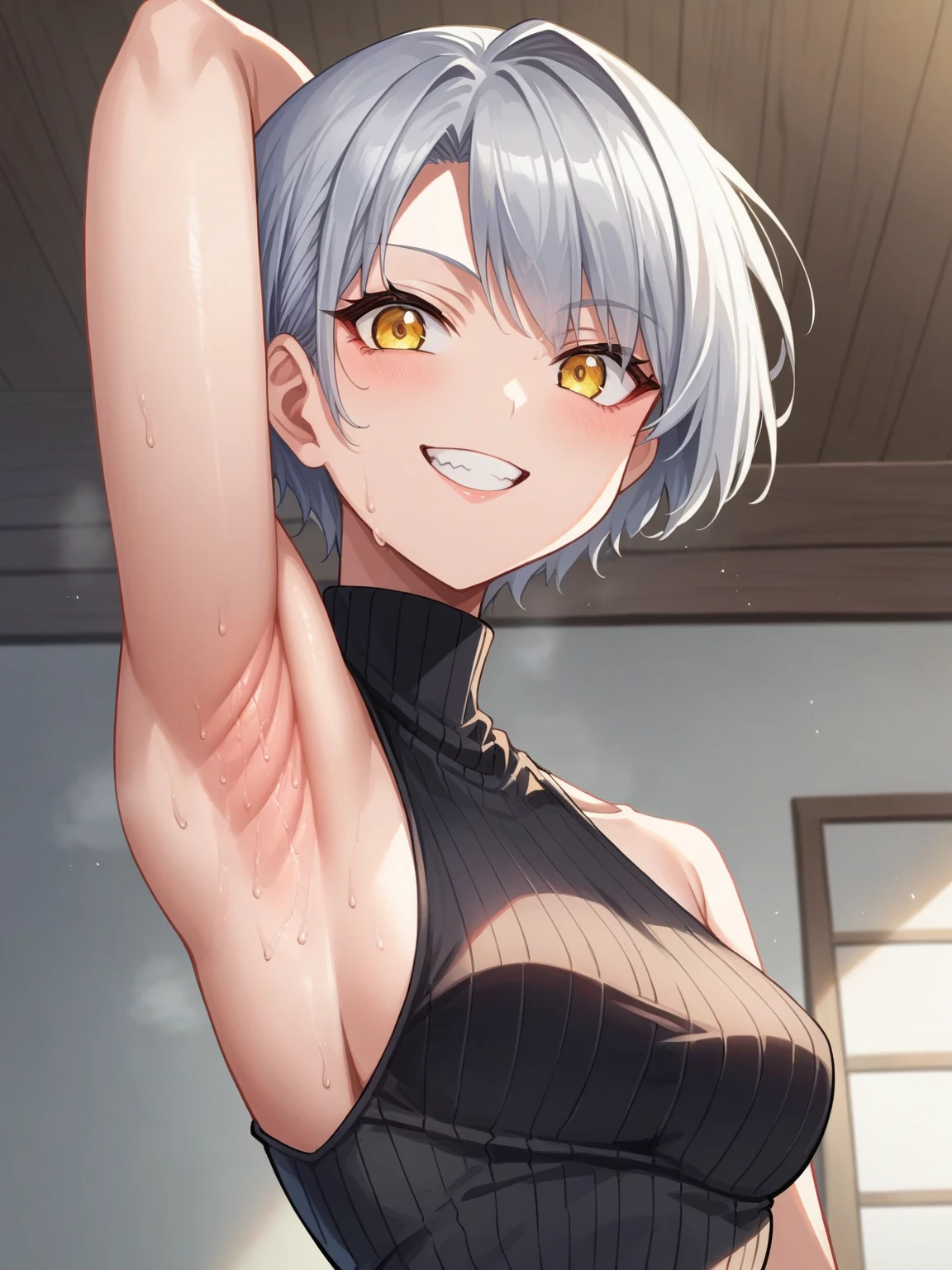 score_9, score_8_up, score_7_up, source_anime, anime screencap, 1girl, solo, lu lingqi, short hair, yellow eyes, silver hair, bangs, bare shoulders, bare arms, arm behind head, armpit, looking at viewer, head towards viewer, smile, badhandv4, indoors, opened mouth, teeth, black sweater, sleeveless sweater, ribbed sweater, turtleneck, from side, from below, sweaty armpits