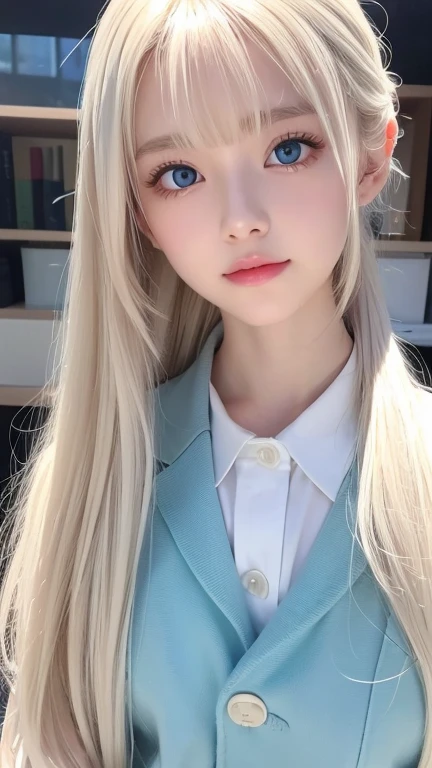  platinum blond hair is super long, straight, stringy hair 、Polate、 school uniform 、Bright expression、 ponytail、 young, white and shiny skin 、Great looks、 shiny bright hair 、Shiny, beautiful bangs、 double eyelids in judo uniforms、 eyeliner 、 very bright, very bright mint ice blue eyes that shine so beautifully、 Very Big Eyes ，Small Face Beauty、Very nice first 々 innocent 18 year old Eastern European girl 、 big bust、round face