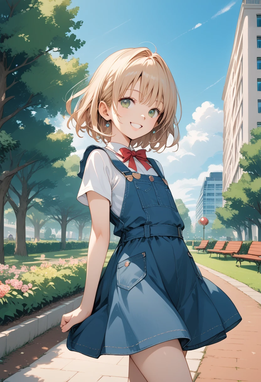 masterpiece, best quality, score_9, score_8_up, source_anime, girl, (petite), smile, pinafore dress, park,