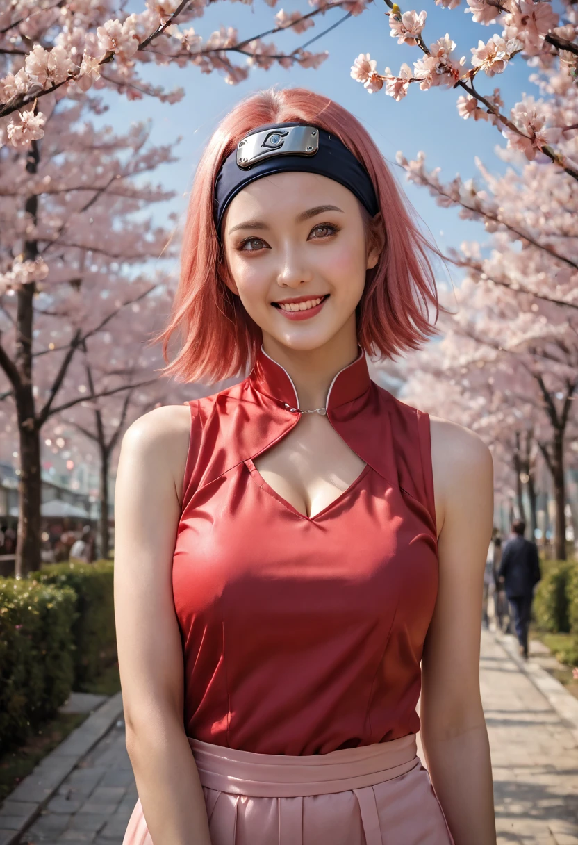 highest quaLightingy, 8k, 32K, masterpiece, photo  realistic ,  realistic , (photo realistic :1,4),  1 girl, smile, Dramatic lighting, Professional makeup, A woman with very large breasts,  cleavage、( Seductive Poses ),  sexy,  beautiful, Shining White Face ,  beautiful顔,  pink cheeks,  beautiful唇,  Pottery Like Skin , 細部が complicated,  more, Super High,  most detailed,  very detailed with crimson hair, delicate,  Amazing Details ed, Small detailsed,  CINEMATIC LIGHTING , highest quaLightingy, 滑らかで beautiful, CG, Unity, 8k wallpaper,  amazing, Small details, Unity CG wallpaper 8k  more,  large file size ,  more,  high definition ,  Amazing Details ,  amazing details,  depth boundary written .  Detailed Clothing Features ,Haru Sakura , Naruto \(series\), Naruto shippuuden,  Anime Style Art, masterpiece, red  shirt,  shirt,  short hair, Sleeveless, Sleeveless  shirt, forehead protector,  headband, konohagakure symbol on  headband,  1 girl, Alone, bangs, Chest,   closed mouth, elbow sleeves,   when sitting on 、I can see through my hair , Floating Hair, shortening,  green eyes,   Hair Intake  , parted bangs,  pink hair, ,  V-shaped eyebrows,  Detailed Background ,  outdoor, cherry blossoms (Sakura), null, ( more), (8k,  complicated), (85mm), Particles of light, Lighting, whole body, ( very detailed with crimson hair:1.2), Chestの焦点, ( gradients ),  software ,  colorful , ( Detailed Background ), (The Third Law _ Composition:1.3), (Action range:1.2), dawn, Alone