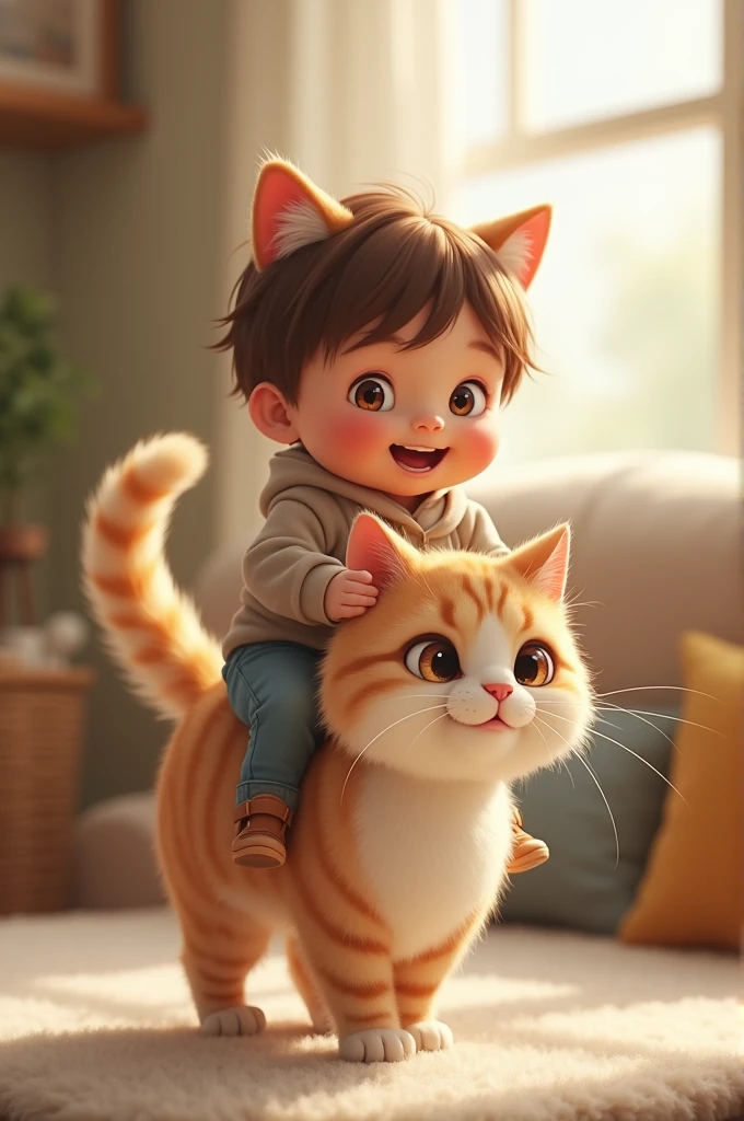 A kid getting a ride on the top of a cats tongue 