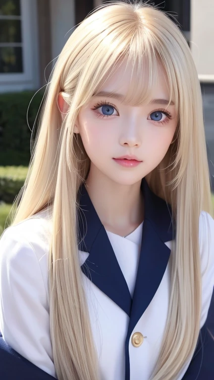  portrait、( school uniform )、Young shiny white bright shiny skin 、The best ********* looks、Blonde reflection、 natural platinum blonde hair with dazzling highlights 、 shiny bright hair ,、 Smooth, Super Long, Super Long Straight Hair 、Shiny, beautiful bangs、Bangs between the eyes、Bangs above the face、 sparkling crystal clear super bright light blue big eyes、 Very Big Eyes 、very beautiful lovely cute  girl 、Ample Bust、With slit、((I could see the whole body))、Small Face Beauty、Round face