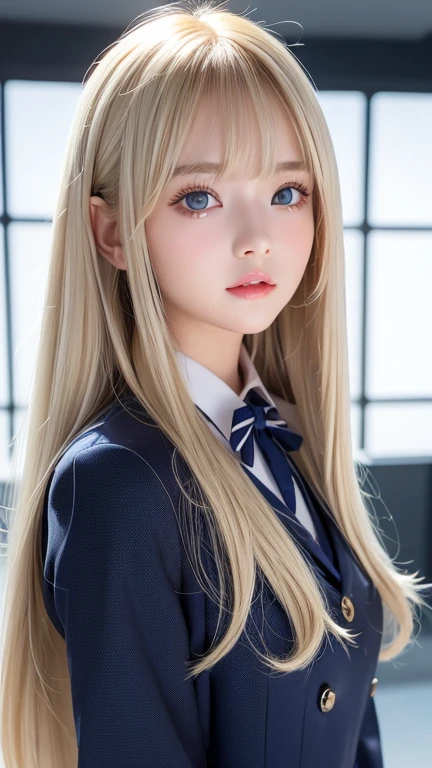  portrait、( school uniform )、Young shiny white bright shiny skin 、The best  looks、Blonde reflection、 natural platinum blonde hair with dazzling highlights 、 shiny bright hair ,、 Smooth, Super Long, Super Long Straight Hair 、Shiny, beautiful bangs、Bangs between the eyes、Bangs above the face、 sparkling crystal clear super bright light blue big eyes、 Very Big Eyes 、very beautiful lovely cute  girl 、Ample Bust、With slit、((I could see the whole body))、Small Face Beauty、Round face