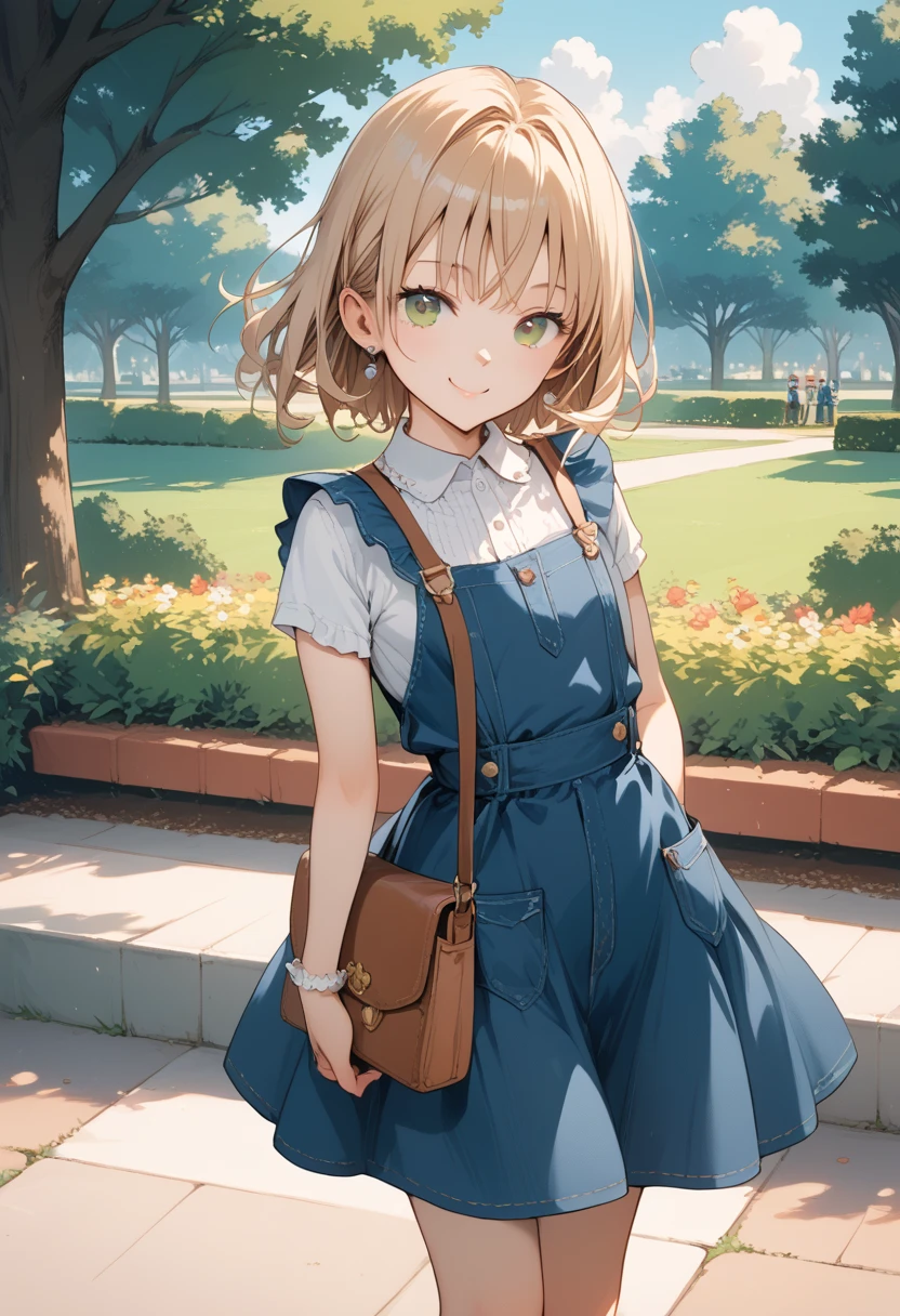 masterpiece, best quality, score_9, score_8_up, source_anime, girl, (petite), seductive smile, pinafore dress, park,