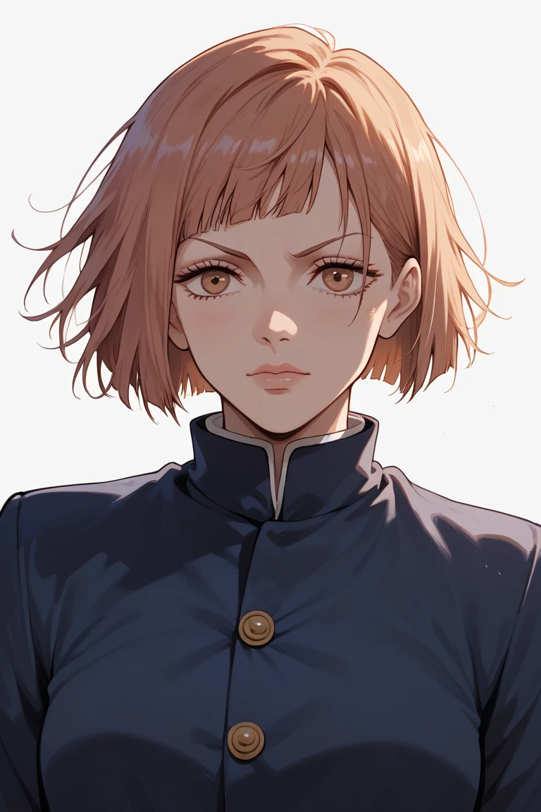 nobara jujutsukaisen, kugisaki nobara frim jujutsu kaisen, anime style character, portrait of a female anime hero, in an anime style, roguish smirk, anime style portrait ,nobara kugisaki color palette