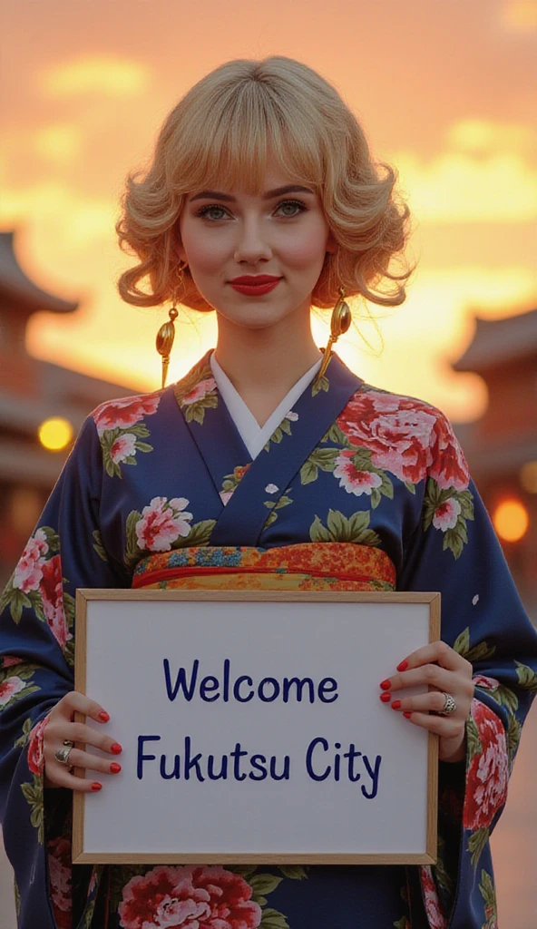 cowboy shot,   front view, Name is Scarlet Johansson ,  1 woman, beautiful young England woman,  30-age, (blond  hair, middle hair , fringe, beautiful dark blue eye, smile), (C cup breasts, wide hip), ( Japanese traditional Dark blue Kimono, kimono's below  flower pattern , White obi with flower pattern ) , White board hold both hands, writing word "Welcome Fukutsu City" front Shinto shrine, The Road of Light , sunset,  , ((super detail, high details, high quality, accurate, anatomically correct, textured skin, beautiful fingers super detail, high details, high quality, best quality))