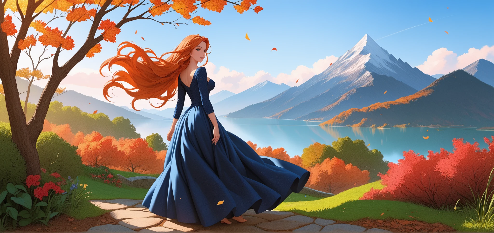 woman looking at the horizon, dark blue dress,  long dress ,  well lit ,  depth of field,  long straight hair , dark orange hair, Huge hair in the wind, highly detailed,  high contrast ,  best quality ,  masterpiece ,  high definition , mountain, Lake, garden, autumn,  bare feet 