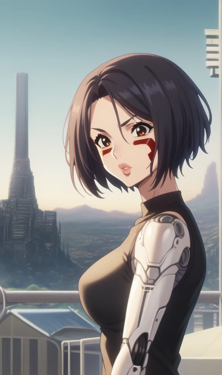 score_9, score_8_up, score_7_up, 1girl, source_anime, anime style, screencap,  gallyxl, short hair,  black hair, brown eyes, lips, facepaint, facial mark,  mechanical arms, robot skin, bare shoulders, android, cyberpunk, science fiction, huge lips,cityscape, day, adjusting hair, fine anime screencap_xl, anime_screencap, (flat color:1.1),massive saggy breasts