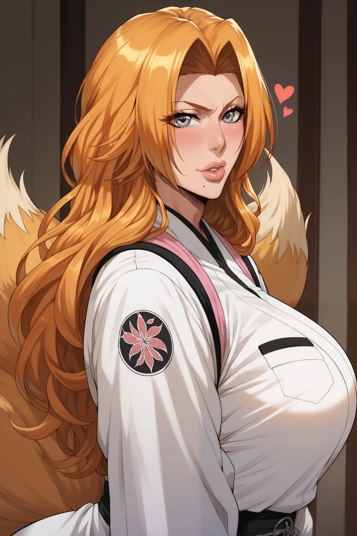 rating_explicit heat body, tall, milf, rangiku matsumoto, long hair, grey eyes, orange hair, mole, mole under mouth, parted bangs,, white monk uniform, long sleeves, detailed eyes, heart shaped lips, fox tail. senos enormes, bottomheavy, gigantic ass, massive thighs,(obra maestra, altamente detallado, la mejor calidad, 8k),