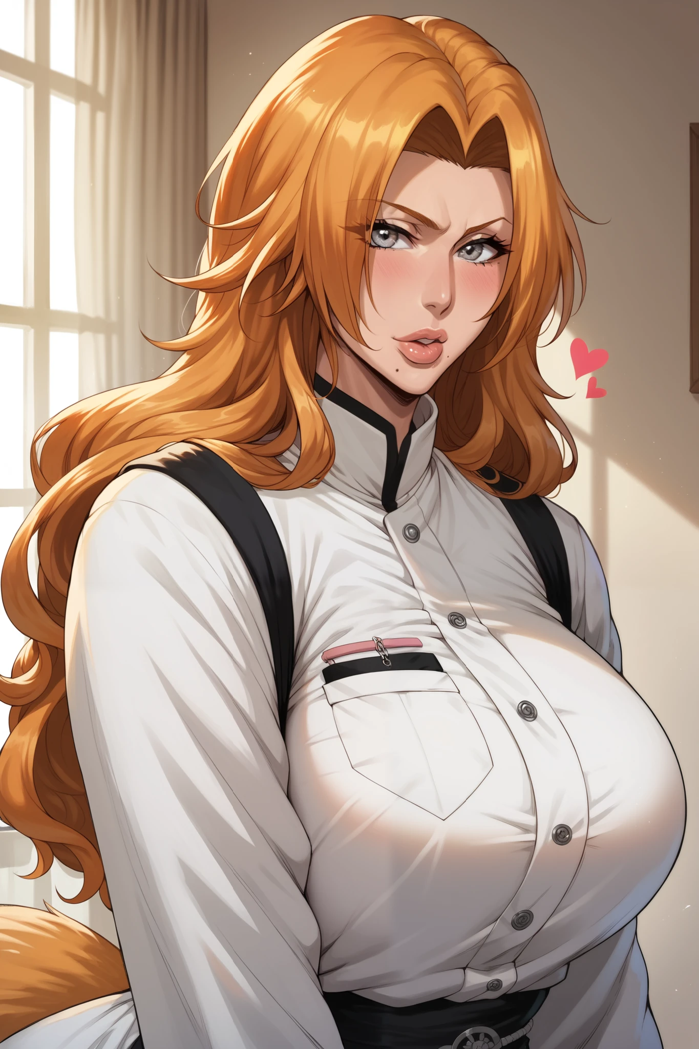 rating_explicit heat body, tall, milf, rangiku matsumoto, long hair, grey eyes, orange hair, mole, mole under mouth, parted bangs,, white monk uniform, long sleeves, detailed eyes, heart shaped lips, fox tail. senos enormes, bottomheavy, gigantic ass, massive thighs,(obra maestra, altamente detallado, la mejor calidad, 8k),