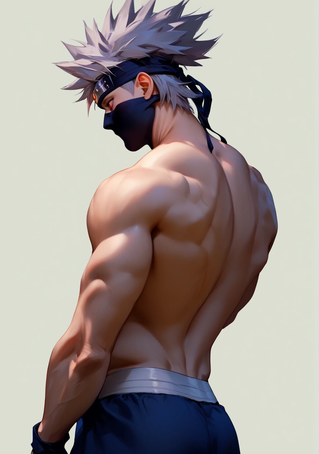 score_9, score_8_up, score_7_up, score_6_up, score_5_up, 1boy, kakashi, grey hair, covered mouth, mouth mask, red eye, scar across eye, forehead protector, from below, from behind, big thigh, long happy trails, back focus, muscular male, blue pants, shirtless, full back