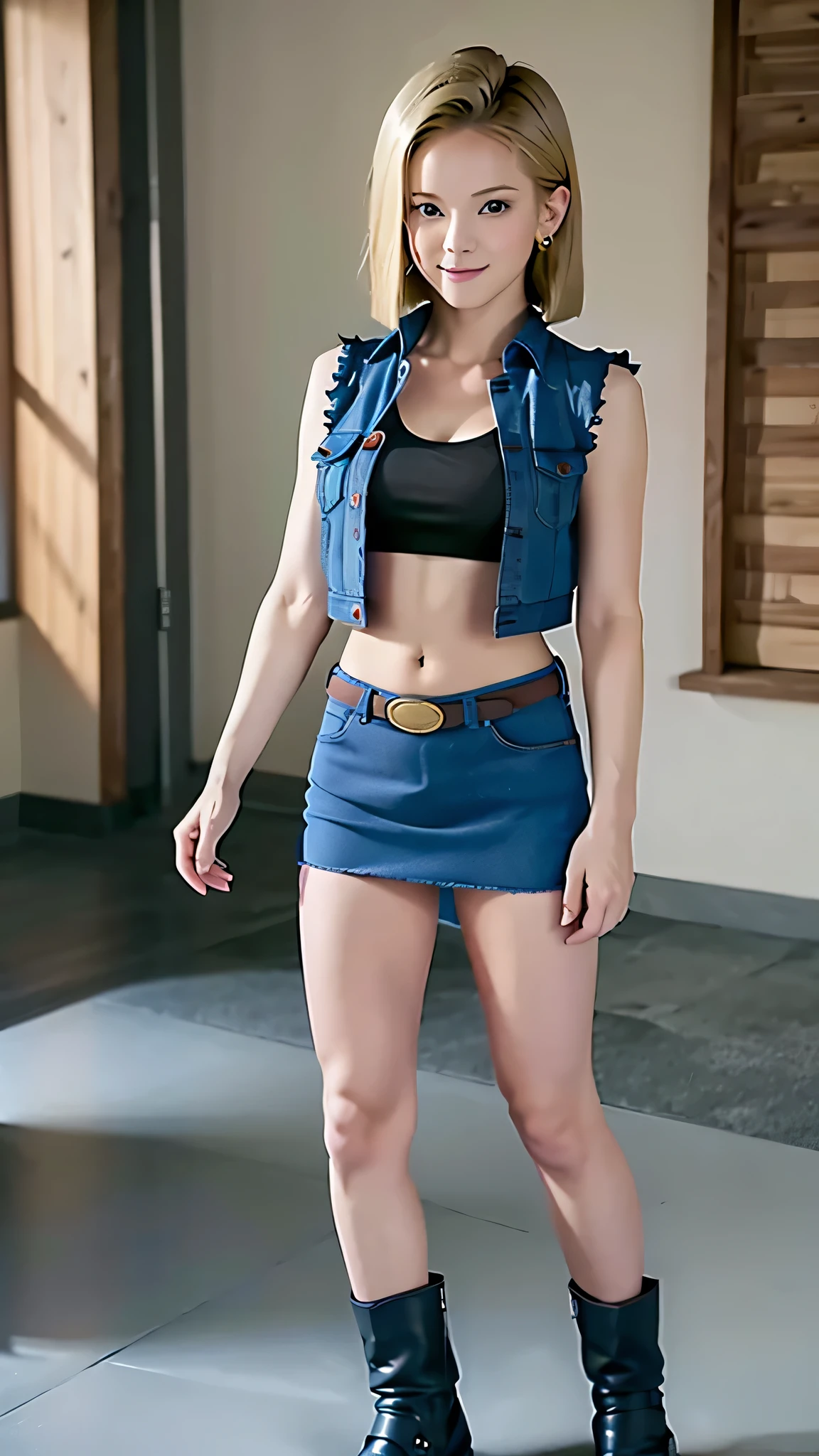 A portrait woman with a turquoise hair in a strapless dark blue top, a white shorts with a belt, and brown shoes with dark blue socks under it, the house background, smile, natural breast; hands on hips; thick thighs; blurry background; sharp focus; highly detailed; professional shot