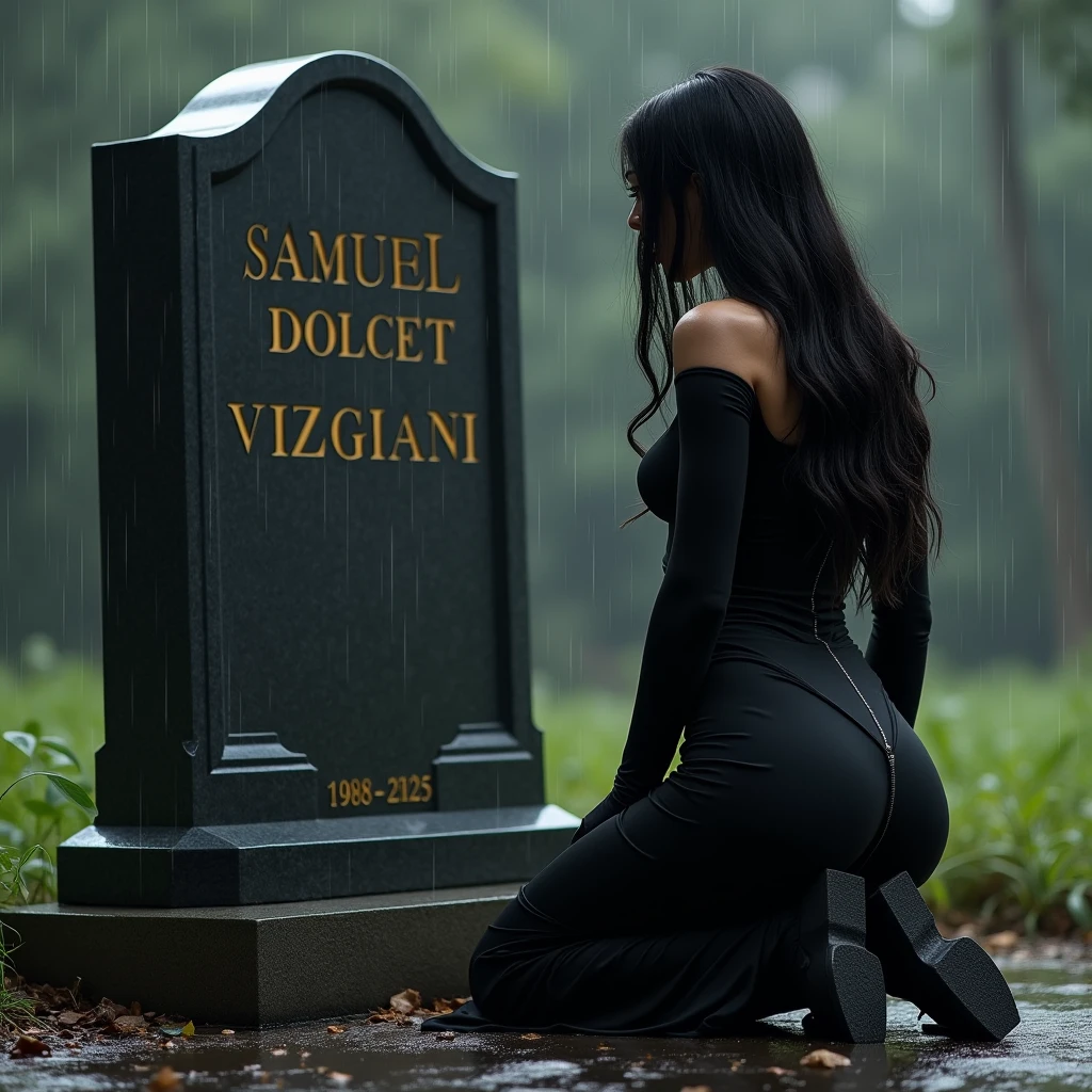 Angle, from above, RAW, 1 girl, solo, Ukrainian woman, full body, (top quality, masterpiece, absurd: 1.2), front view, perfect face, very delicate and beautiful, fine-grained skin texture, lively and shiny skin, (big breasts: 1.3), (constriction: 1.2), huge ass, full body shot, red long hair, fangs, yellow eyes, big breasts, necklace, leather clothes, (realistic background), (cemetery), (night), crows, tombs, moon, raining, dense forest, mausoleum, (high quality), best quality, highly detailed, looking at viewer