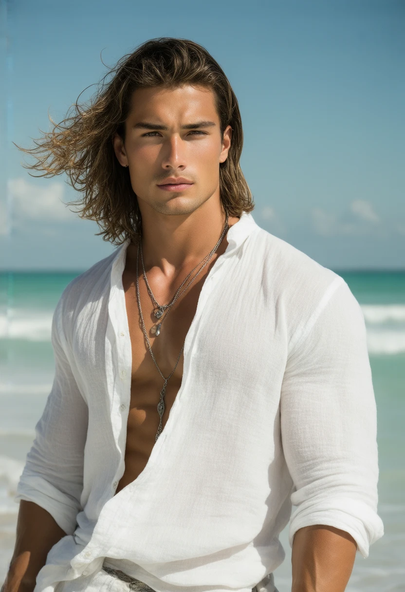 Male in 40s. Long shaggy hair. Broad shoulders. Rugged. Fisherman. Bronze tanned skin