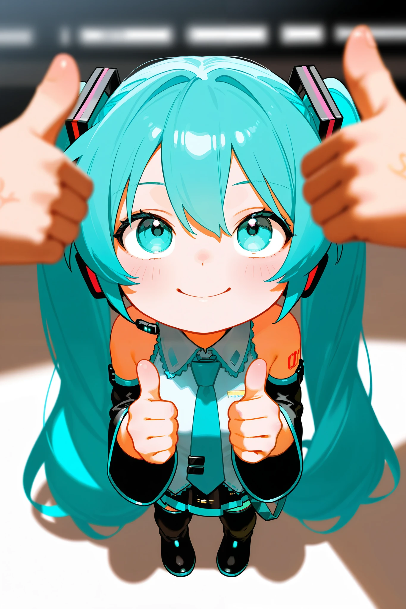  photorealistic 、Chibi Hatsune Miku、Thumbs up pose、smile、Looking up