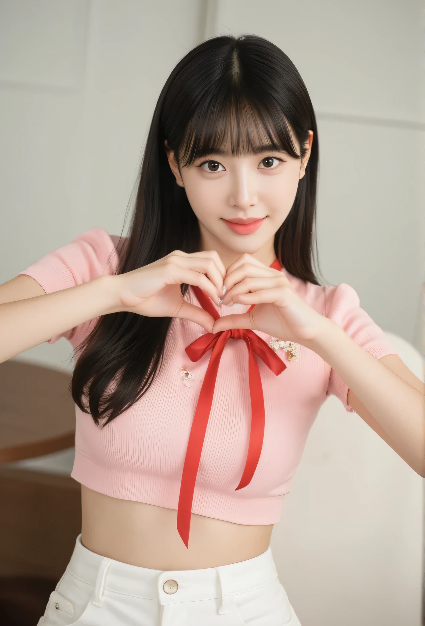 masterpiece, best quality, A young, vey thin body, Korean woman with long straight black hair and blunt bangs smiles at the camera. She have light-brown eyes, she wears a pink top adorned with a diamond star brooch and a red ribbon tied around her neck. Her hands form a heart shape in front of her chest, showcasing long, expertly manicured nails. A high-waisted white pants. The background is softly blurred, focusing attention on her pose and expression.