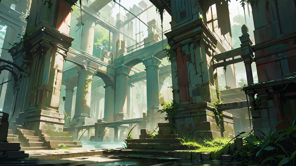 A breathtaking morning scene in a vast, sunny jungle where sunlight filters through thick canopies, casting dappled light across the landscape. A river winds through the jungle, its water sparkling under the clear blue sky. In the distance, ancient ruins of a castle are partially overgrown by lush vegetation, with crumbled stone walls and ivy-covered structures evoking a sense of forgotten history. The atmosphere is filled with mystery and adventure, as if an ancient secret awaits discovery. The composition is cinematic, in the style of Japanese retro anime, with vivid colors, detailed lines, and a sense of timeless wonder. No humans are present, allowing the focus to remain on the awe-inspiring natural environment and the enigmatic ruins.