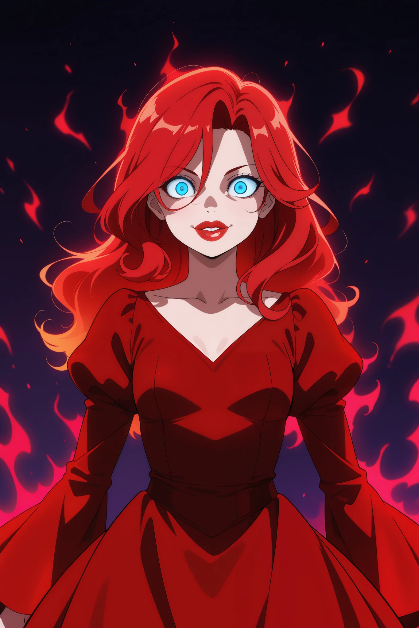 a mature woman, red color vibe, red hair, scary, crazy, big smile, red eyes, red glowing aura, big lips, blue eyes, small breast, front view, high definition, pretty face, red dress, dark forrest at night background, anime style HD, 4K