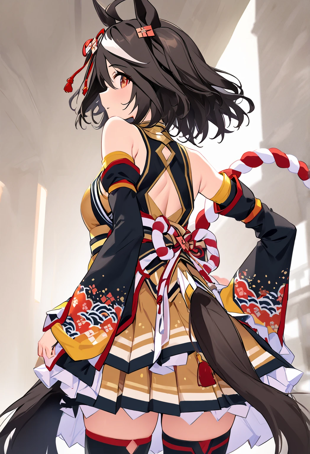 core 9, Score 8 Up, Score 7 Up, (Top Quality)Kitasan Black \(umamusume\), kitasanblack, ahoge, hair ornament, animal ears, a horse tail, cleavage cutout, shimenawa, kouhaku nawa, detached sleeves, yellow skirt, pleated skirt, black thighhighs, bare shoulders, back view, cowboy shot,