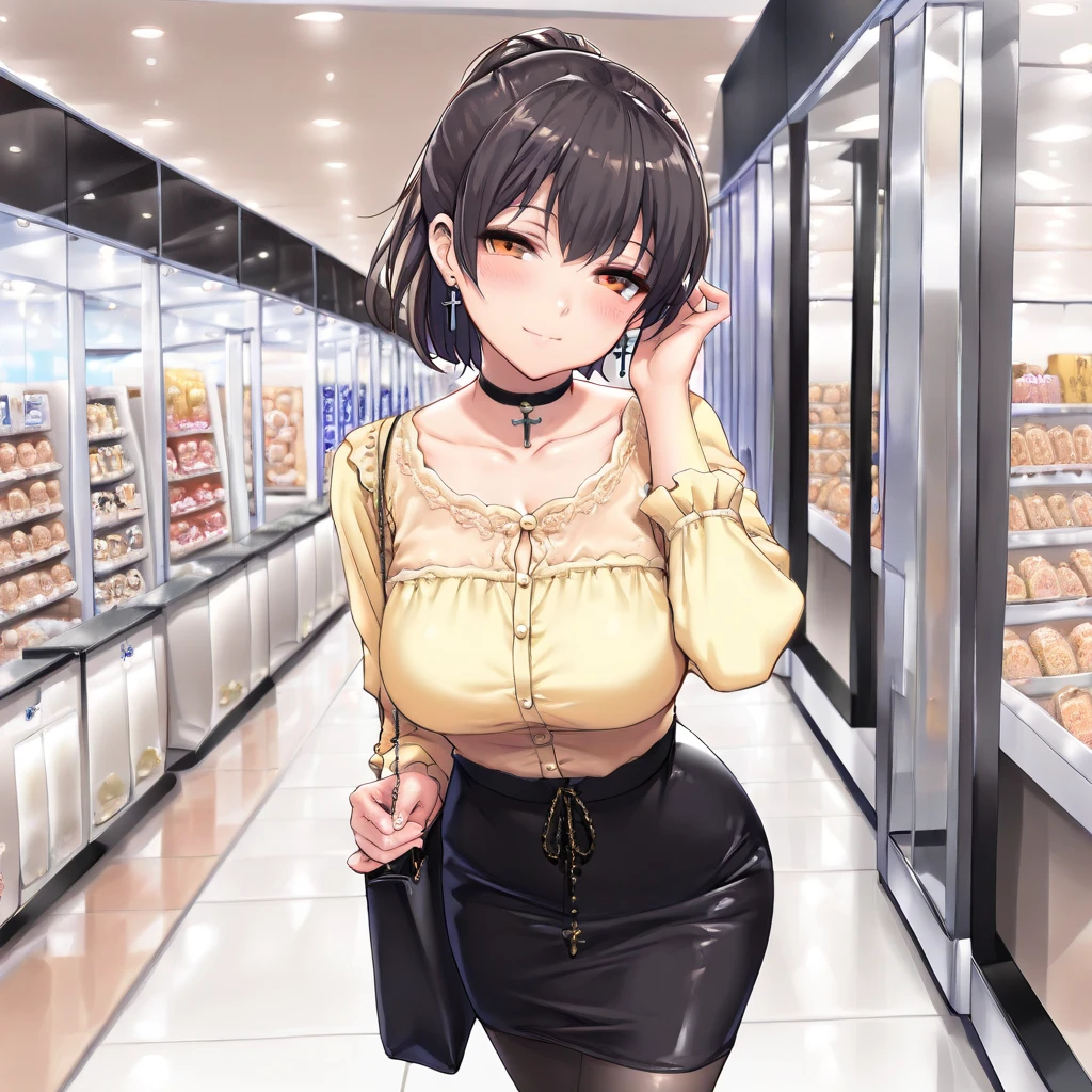 blouse, flare skirt, pantyhose, choker, adjusting hair, cute girl, solo, short hair, ponytail hair, Black hair with brown ends, orange eyes, large breasts, cross Pierced earrings, blush, flawless smooth skin, looking at viewer, light smile, head tilt, half closed eyes, A tote bag, indoors, shopping mall, (best quality,4k,8k,highres,masterpiece:1.2),ultra-detailed,intricate details, high fashion, dramatic lighting, warm colors, chiaroscuro