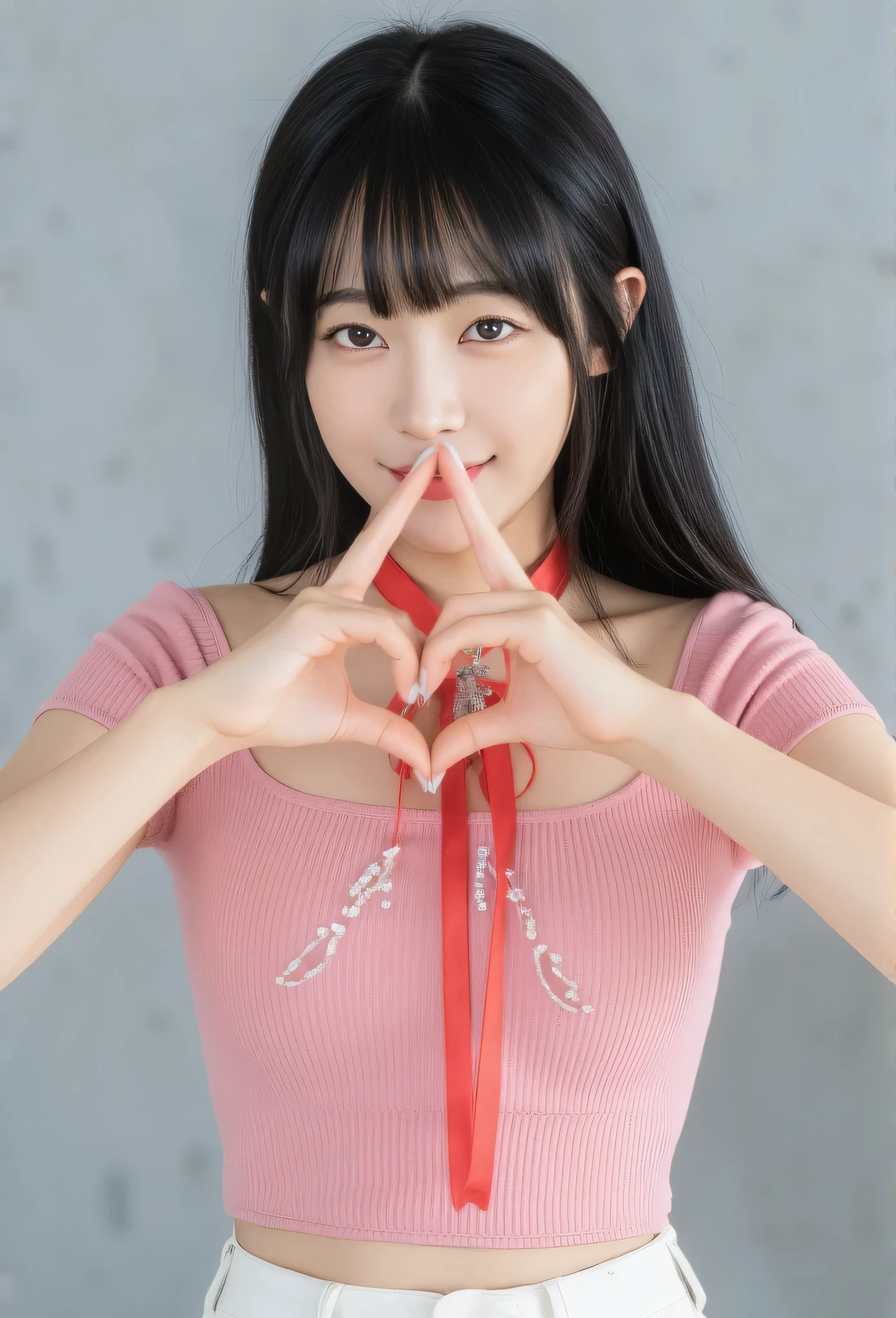 masterpiece, best quality, A young, vey thin body, Korean woman with long straight black hair and blunt bangs smiles at the camera. She have light-brown eyes, she wears a pink top adorned with a diamond star brooch and a red ribbon tied around her neck. Her hands form a heart shape in front of her chest, showcasing long, expertly manicured nails. A high-waisted white pants. The background is softly blurred, focusing attention on her pose and expression.