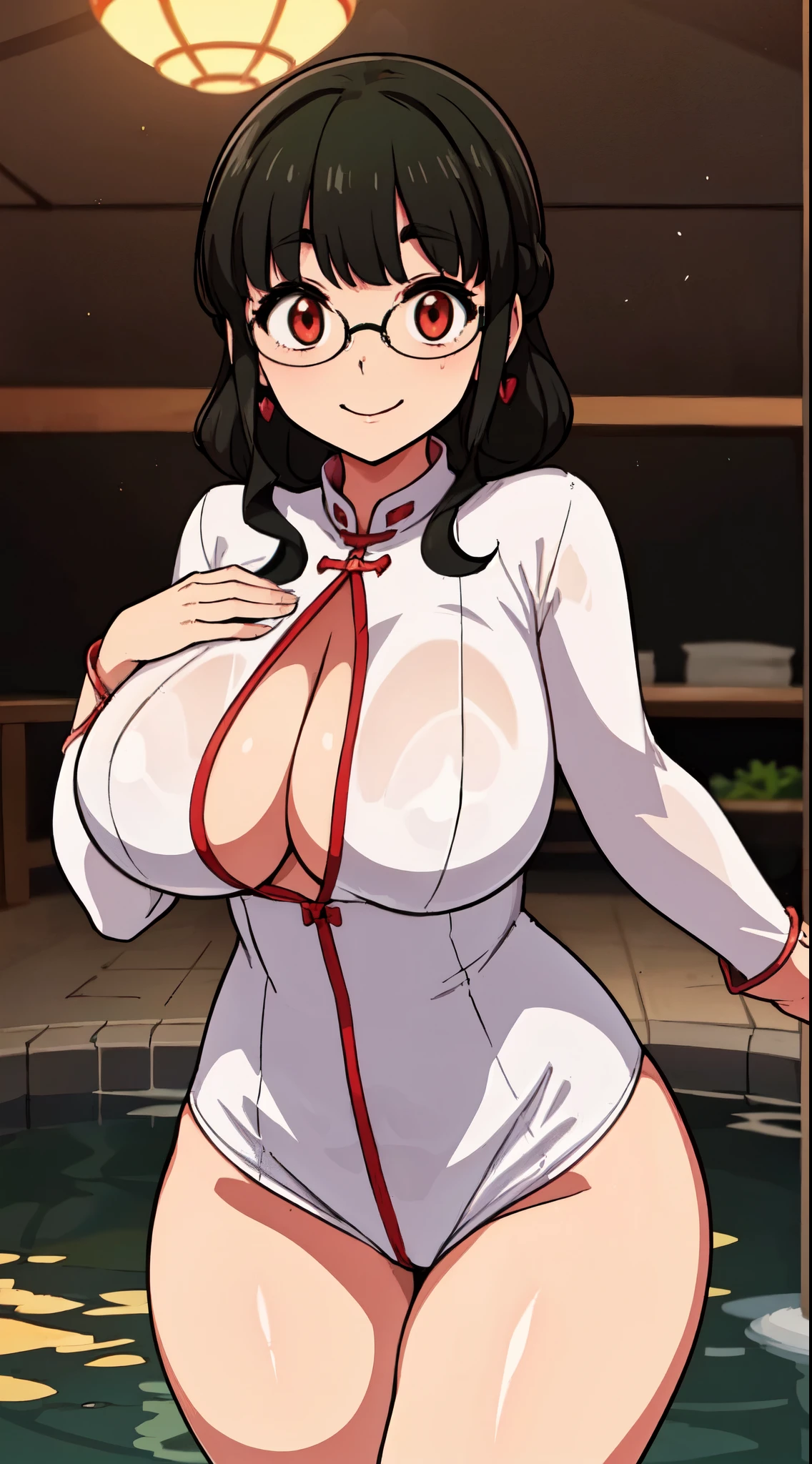 ( perfect body), top quality,( 8K Portrait ),( Official Art )、OL、 25 year old woman、 One Girl 、smile、(((、hot)))、((Big Breasts、 thigh thickness))、(( thigh thickness))、(Glasses)、( black hair、 red eyes)、(White Ao Dai)、 Tight Clothes 、( venue、 pool side)