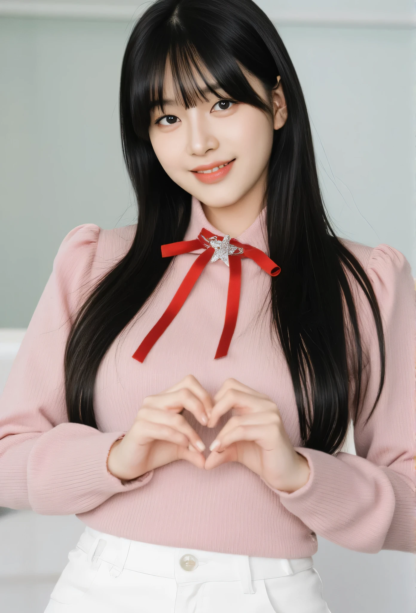 masterpiece, best quality, A young, vey thin body, Korean woman with long straight black hair and blunt bangs smiles at the camera. She have light-brown eyes, she wears a pink top adorned with a diamond star brooch and a red ribbon tied around her neck. Her hands form a heart shape in front of her chest, showcasing long, expertly manicured nails. A high-waisted white pants. The background is softly blurred, focusing attention on her pose and expression.