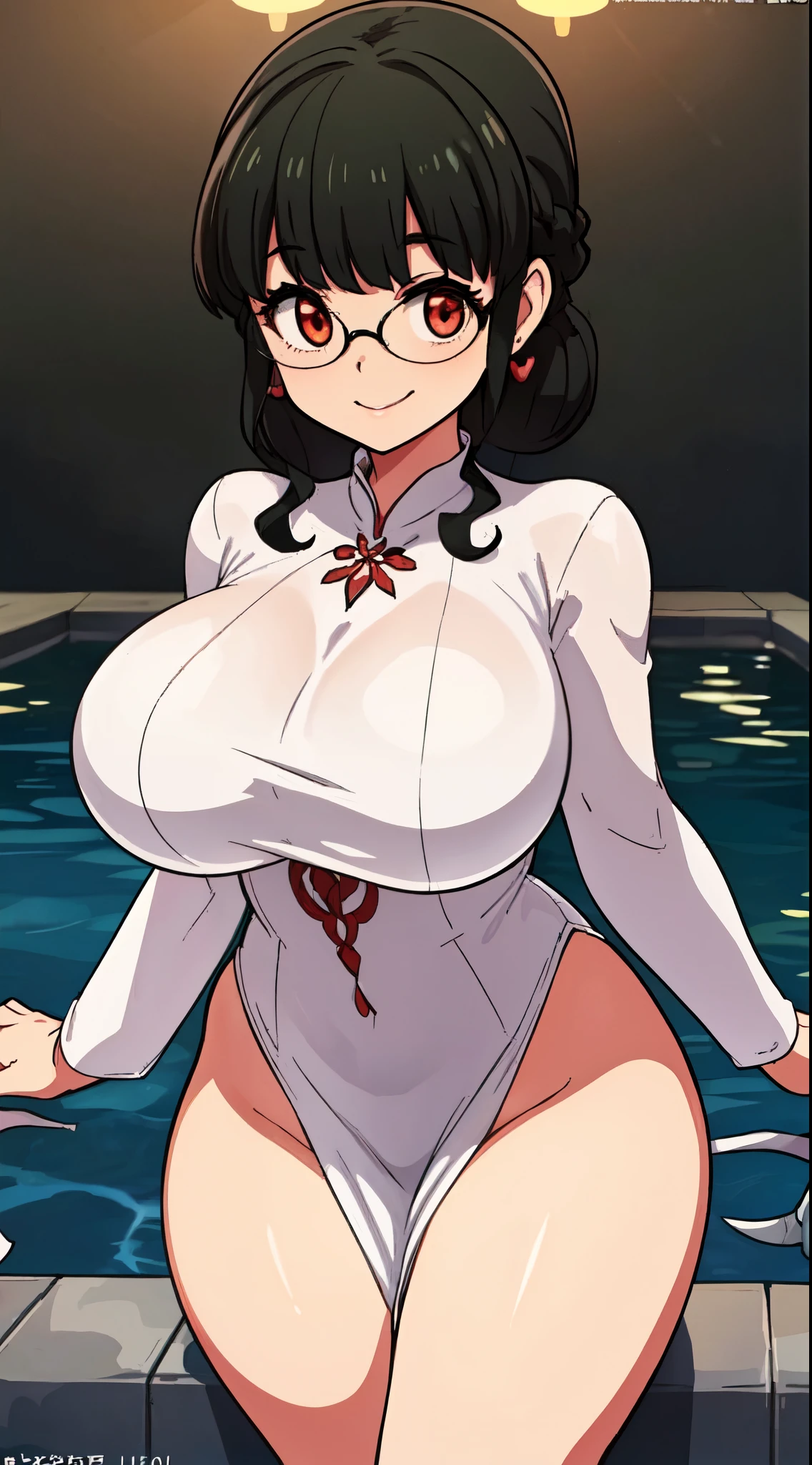 ( perfect body), top quality,( 8K Portrait ),( Official Art )、OL、 25 year old woman、 One Girl 、smile、(((、hot)))、((Big Breasts、 thigh thickness))、(( thigh thickness))、(Glasses)、( black hair、 red eyes)、(White Ao Dai)、 Tight Clothes 、( venue、 pool side)