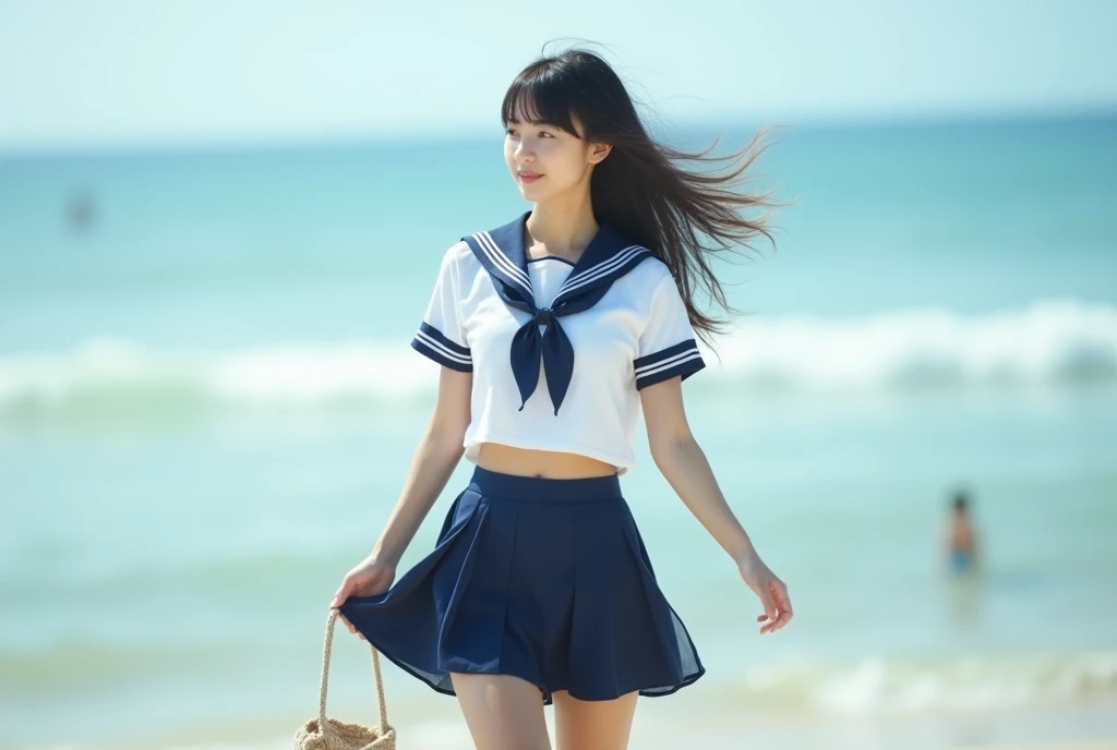 1girl,(((Frontal bust shot angle))),Wide open chest、(((Okinawa ocean)))、(((White sand beaches in Okinawa)))、8k UHD、Digital single-lens reflex camera、High resolution、Shallow depth of field、Natural light、(((Sailor suit)))、(((navy blue super mini skirt)))、(((Full body photography)) )、Small person、(((Young face)))、1 Japanese female、14 years old;beautiful girl、(Black Hair)、A strong wind blows up my skirt、(((Brown eyes)))、Glowing Skin、Smooth Thinning Hair、Long Hair、Detailed background、Detailed eyes and face、Clear Eyes、Cute smile、Calm atmosphere、(((stage)))、(((Small breasts)))、(((Beautiful Eyes)))、Flat chest、Children、(((Toned thighs))) 、(((Angle from below) ))、(((Fine lips)))、(((Skirt fluttering)))、Shining beautiful legs、( Skirt fluttering violently in the strong wind :1.4),   (hair blowing in the strong wind:1.4), (leaning forward)、(((barefoot、barefoot)))